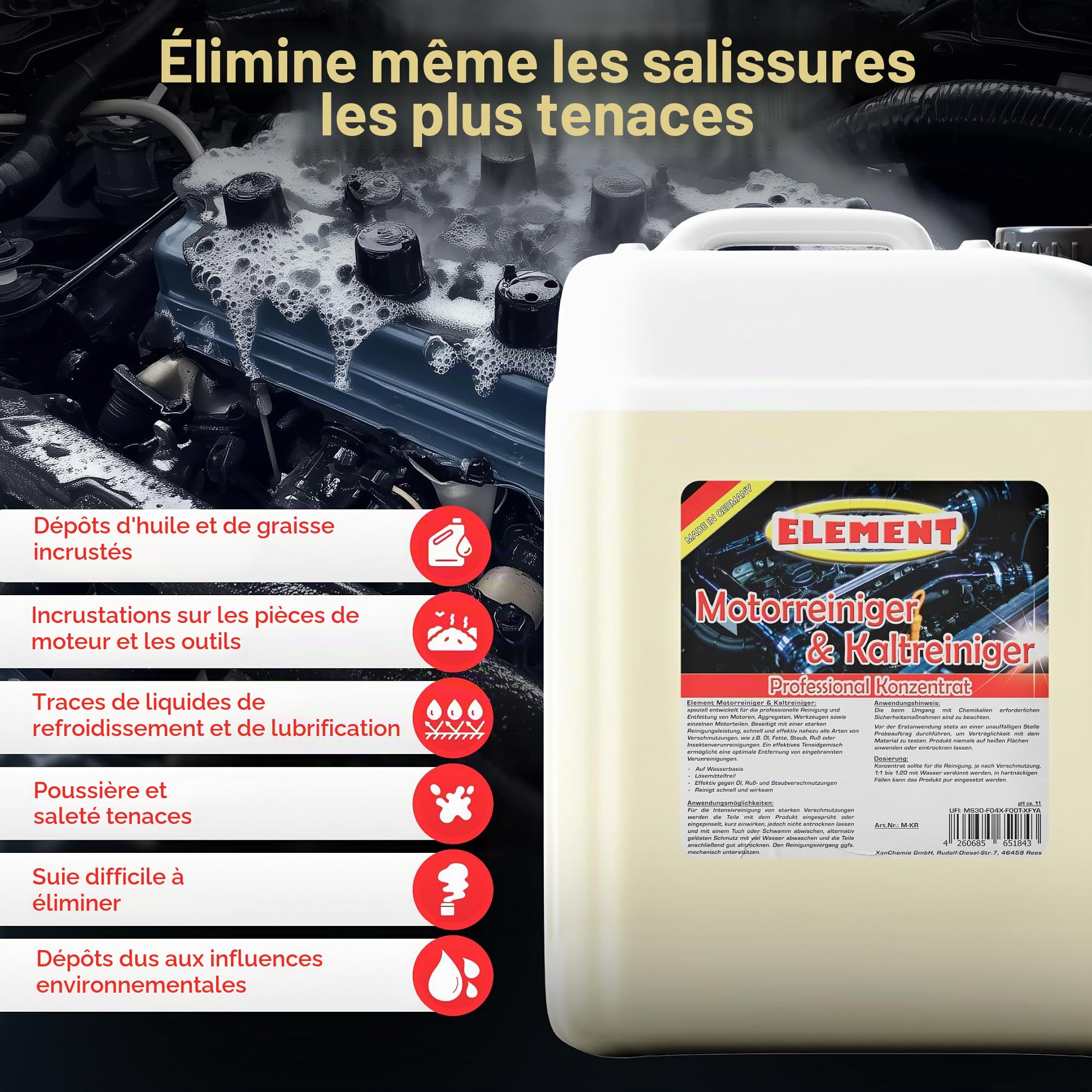Element 5 litres de nettoyant pour moteur - Concentré économique - Haute puissance de dissolution de la saleté - Nettoyant d'atelier - Nettoyant de pièces - Purificateur à froid - Nettoyant moteur