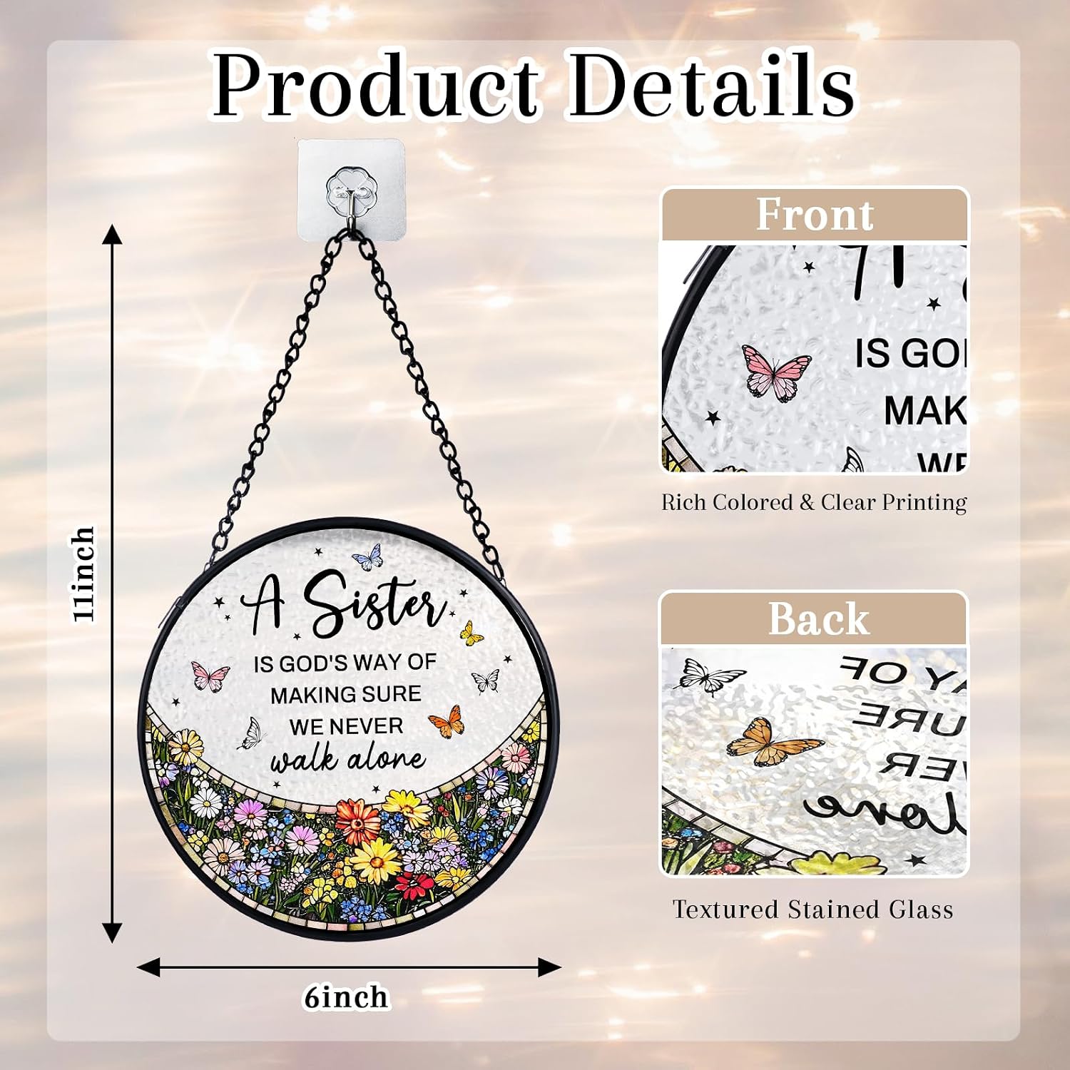 Sister Gifts from Sister - 6 Inch Stained Glass Window Hanging, Christmas Birthday Gifts for Sisters Women Christian