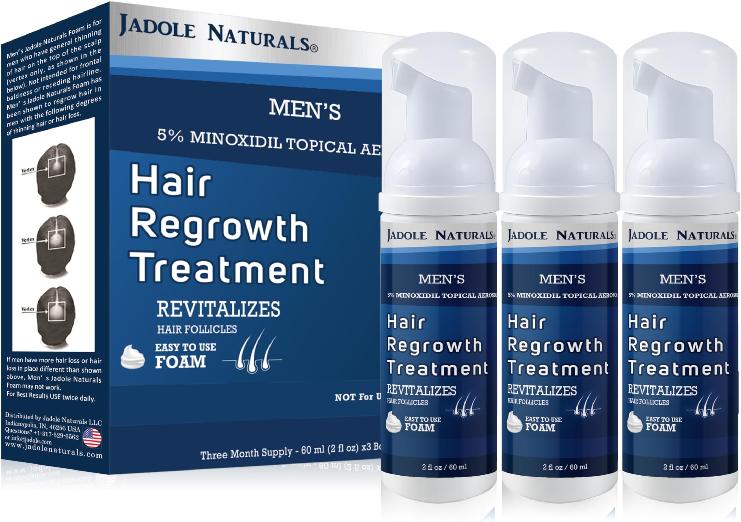 Jadole Naturals Men's 5% Minoxidil Foam- 3 x 60ml | Hair Regrowth Treatment for Hair loss | Thicker, Stronger Hair, Fuller Appearance, and Boosted Confidence | Revitalize Your Scalp Health