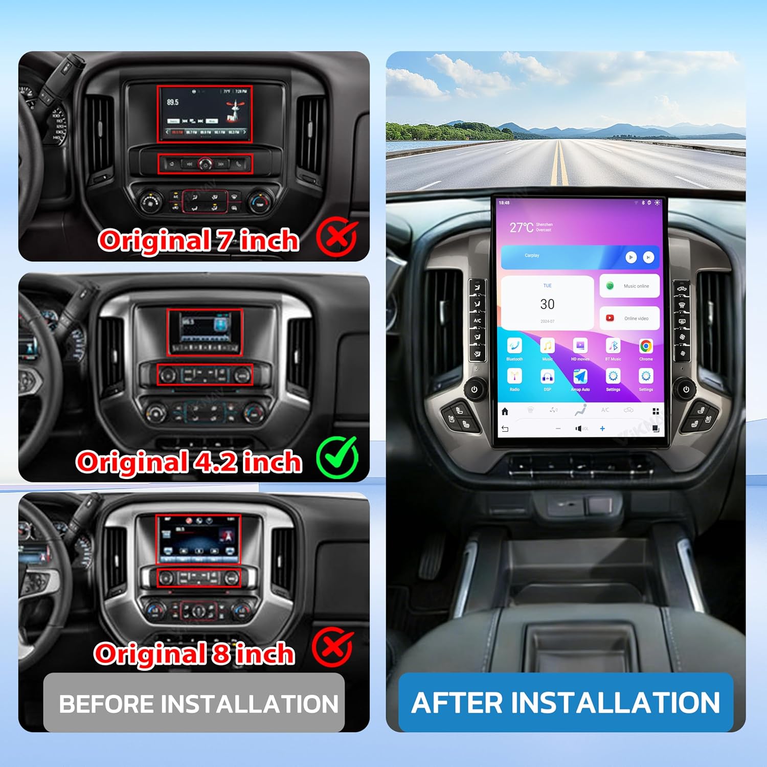 15.6 inch Screen Android 13 Car Radio Head Unit for GMC Sierra Chevrolet Silverado 2015-2019 Car Multimedia Stereo Player GPS Navigation 128GB (Silver OEM 4" Screen)