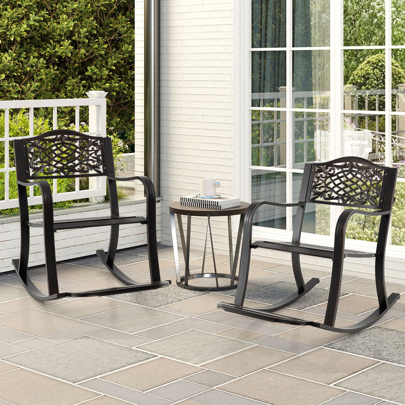 COSTWAY Schaukelstuhl mit Fußstütze, Schaukelsessel aus Aluminiumguss, Relaxstuhl, Schwingsessel, Gartenstuhl für Garten, Terrasse, Balkon