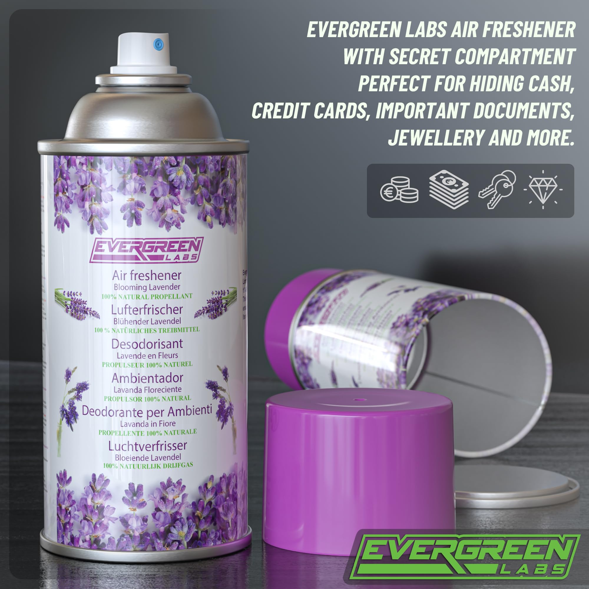 Désodorisant Evergreen Labs avec compartiment secret : votre cachette idéale pour vos objets de valeur, à la maison ou en voyage ! Grand compartiment secret, 6 cm x 13 cm.