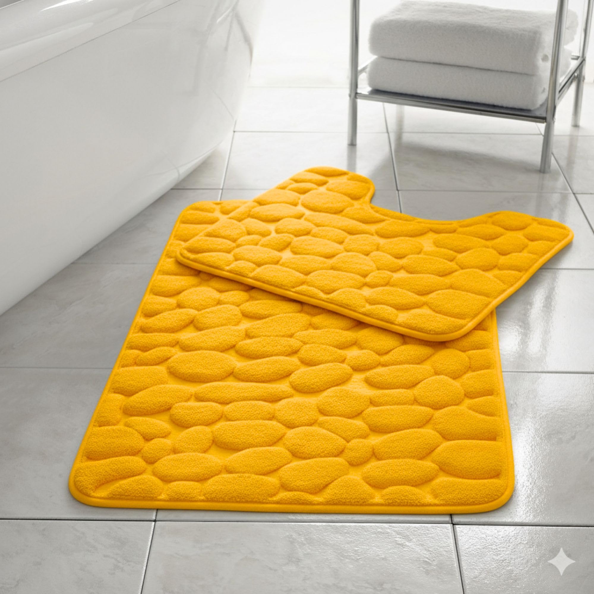 Rackhams Yellow Memory Foam Pebbles Bath Mat Set 2 Piece