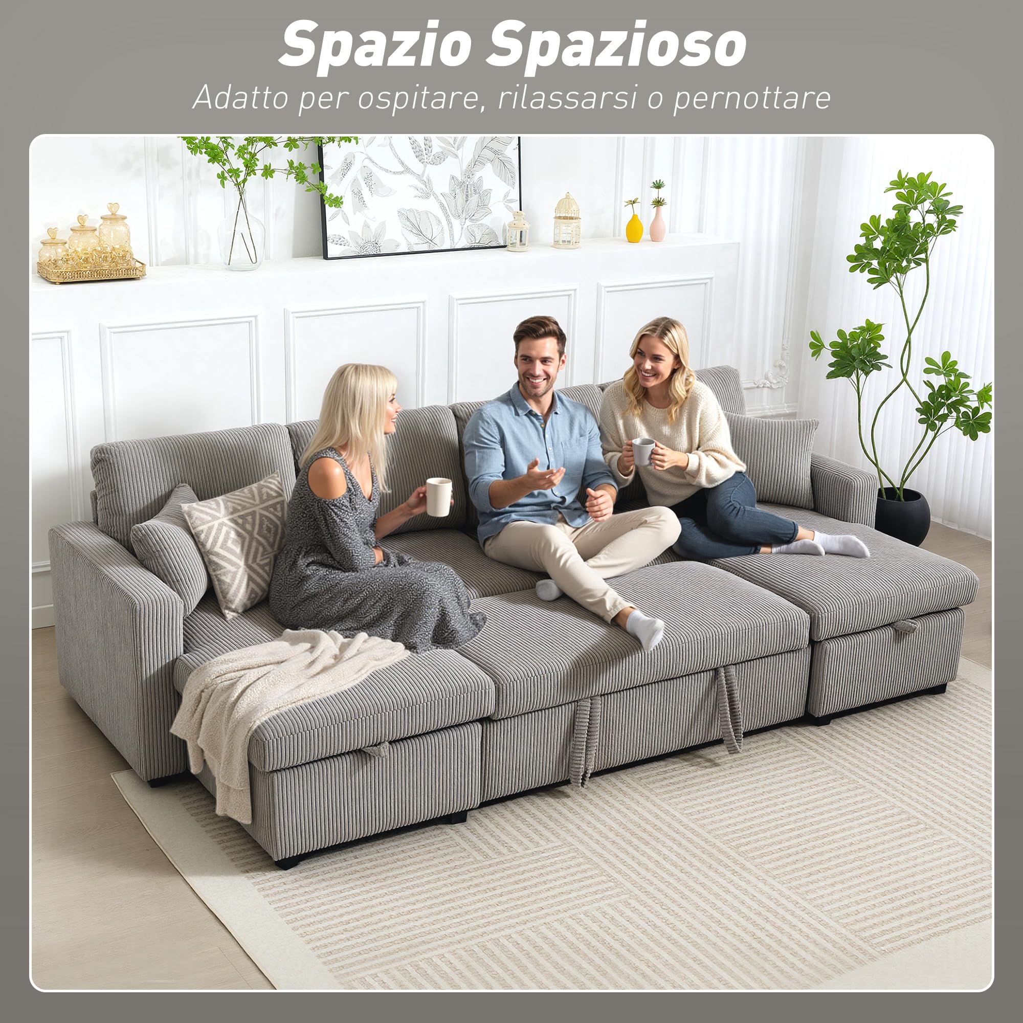 HOMCOM Divano Letto con Letto Estraibile Imbottito, Divano Angolare Convertibile 4 Posti a Forma di U con 2 Chaise Longue, Vani Contenitore e 2 Cuscini, in Velluto a Coste, 282x140x86 cm, Grigio