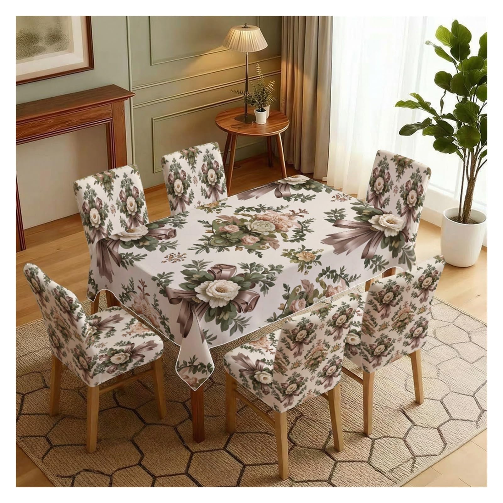 BOSUYBN Vintage Bow & Symmetric Rose Dining Tablecloth & Chair Covers Set, 5/7 Piece Classic Elegant Floral Home Decor Table Setting(7pcs Set: Tablecloth+Chair Covers)