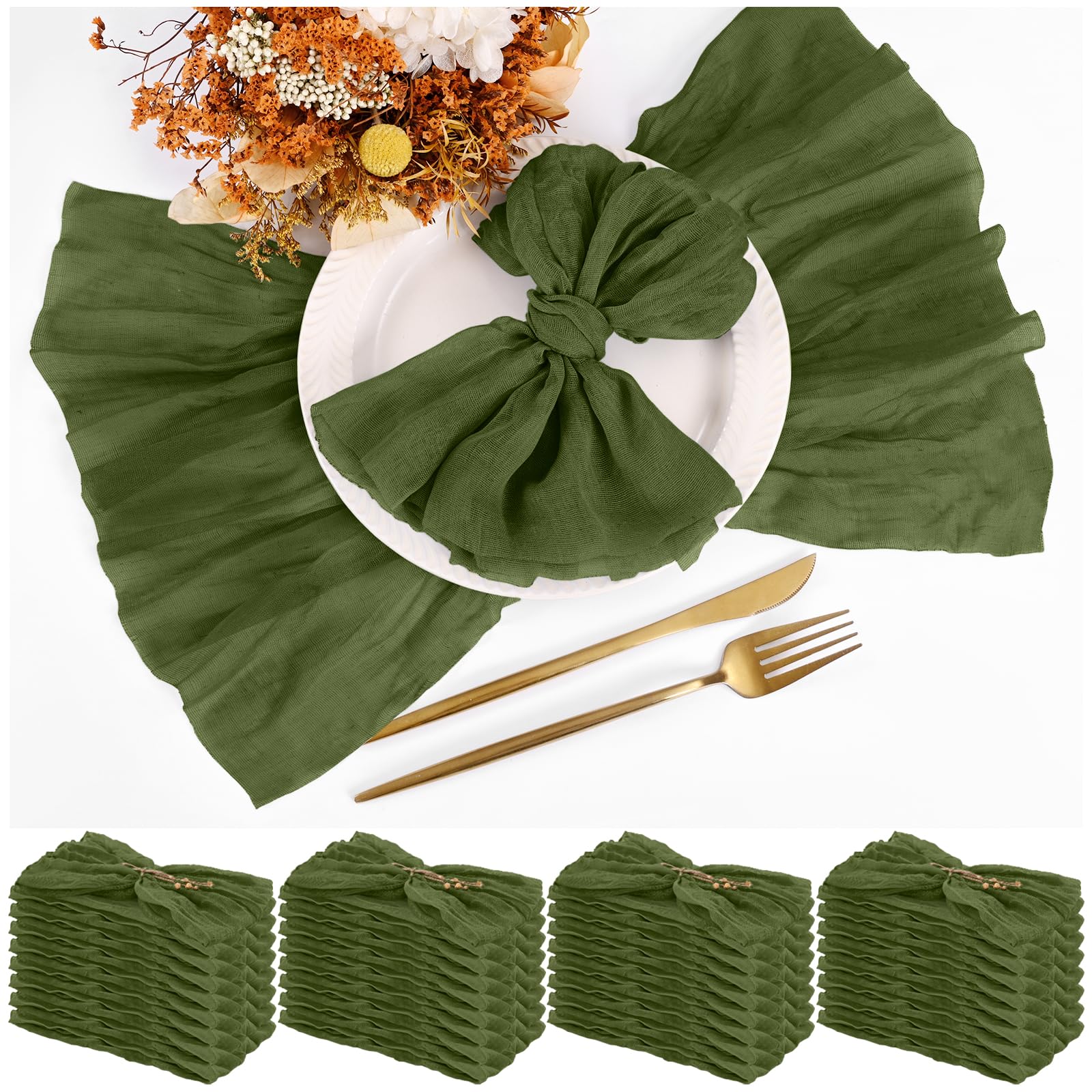 Teruntrue 30 Pack Olive Green Cloth Napkins, 20 x 20 Inch, Set of 30, Gauze Napkins, Boho Dinner Table Napkins, Wedding Party, Birthday Party Decorations