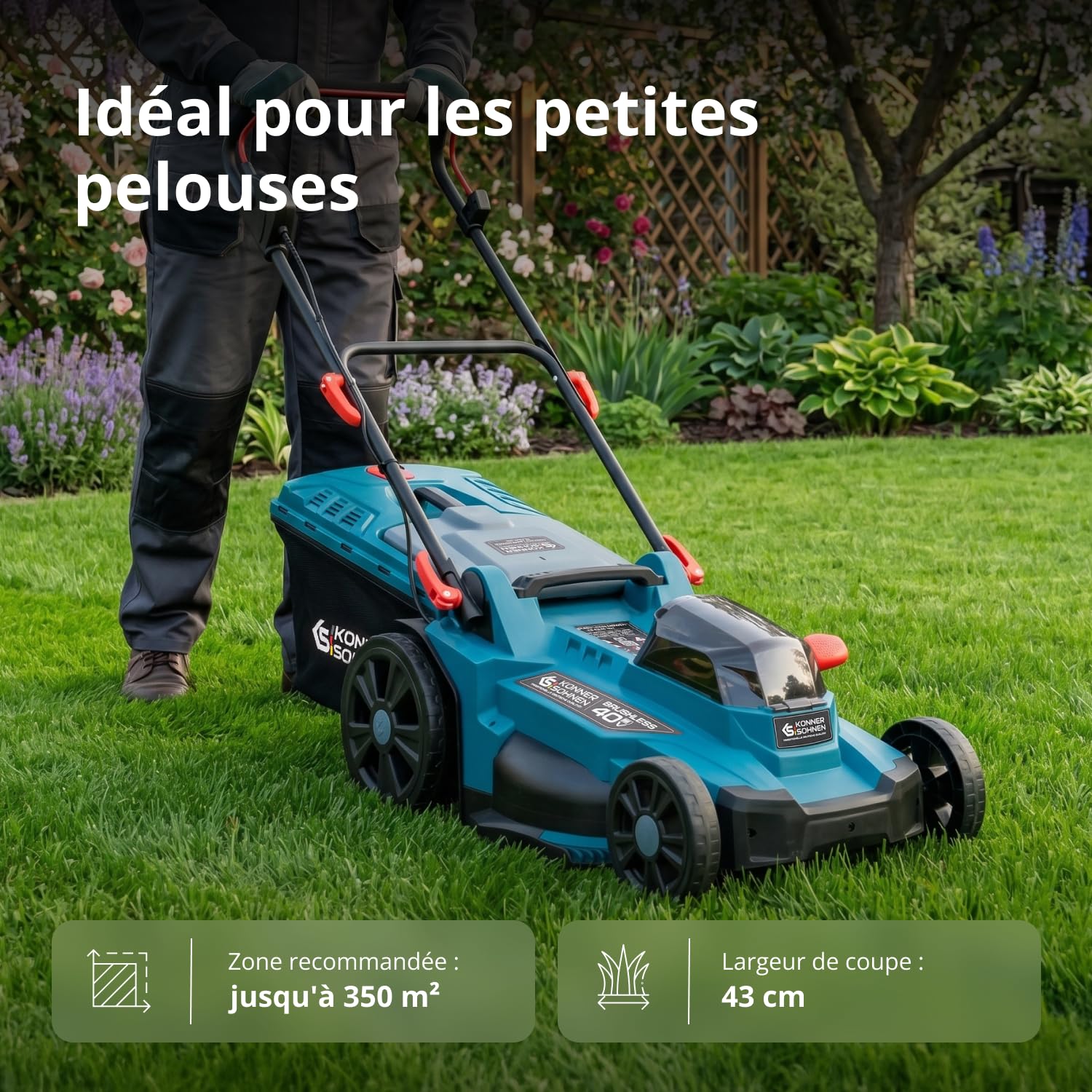 Tondeuse à Batterie KS 43LM-40V, Tension 40 V, Vitesse à Vide 3300 TR/Min, Largeur de Coupe 430 mm, Hauteur de Coupe 25-75 mm, 6 Positions, Panier à Herbe 50 l, Fonction de Mulching