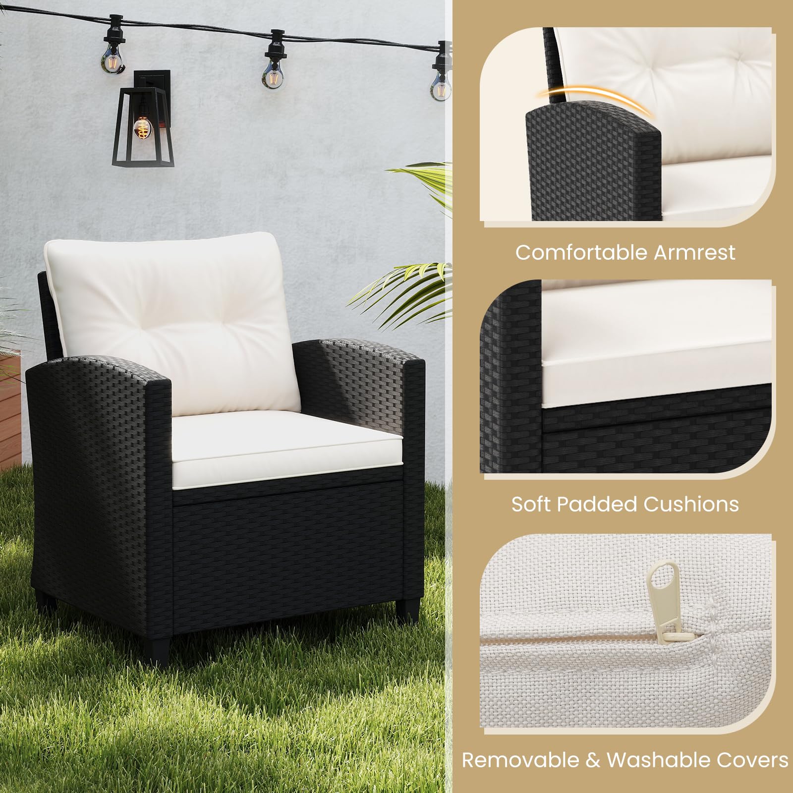 GIANTEX Set da Mobili da 3 Pezzi, Sedie da Giardino con Tavolino da Caffè con Piano in Vetro Temperato, Cuscini per Schienale e Sedile, Set Bistro in Rattan PE per Portico (Bianco)