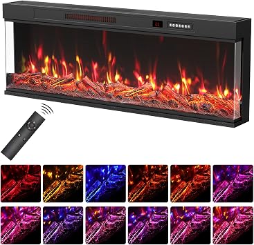 Quiniver 50" Ultra Slim 3-Sided Recessed Electric Fireplace 270  | Dual heating modes,12 colour adjustable 3D flames,timer function,quiet operation,child lock safety,touch & remote control