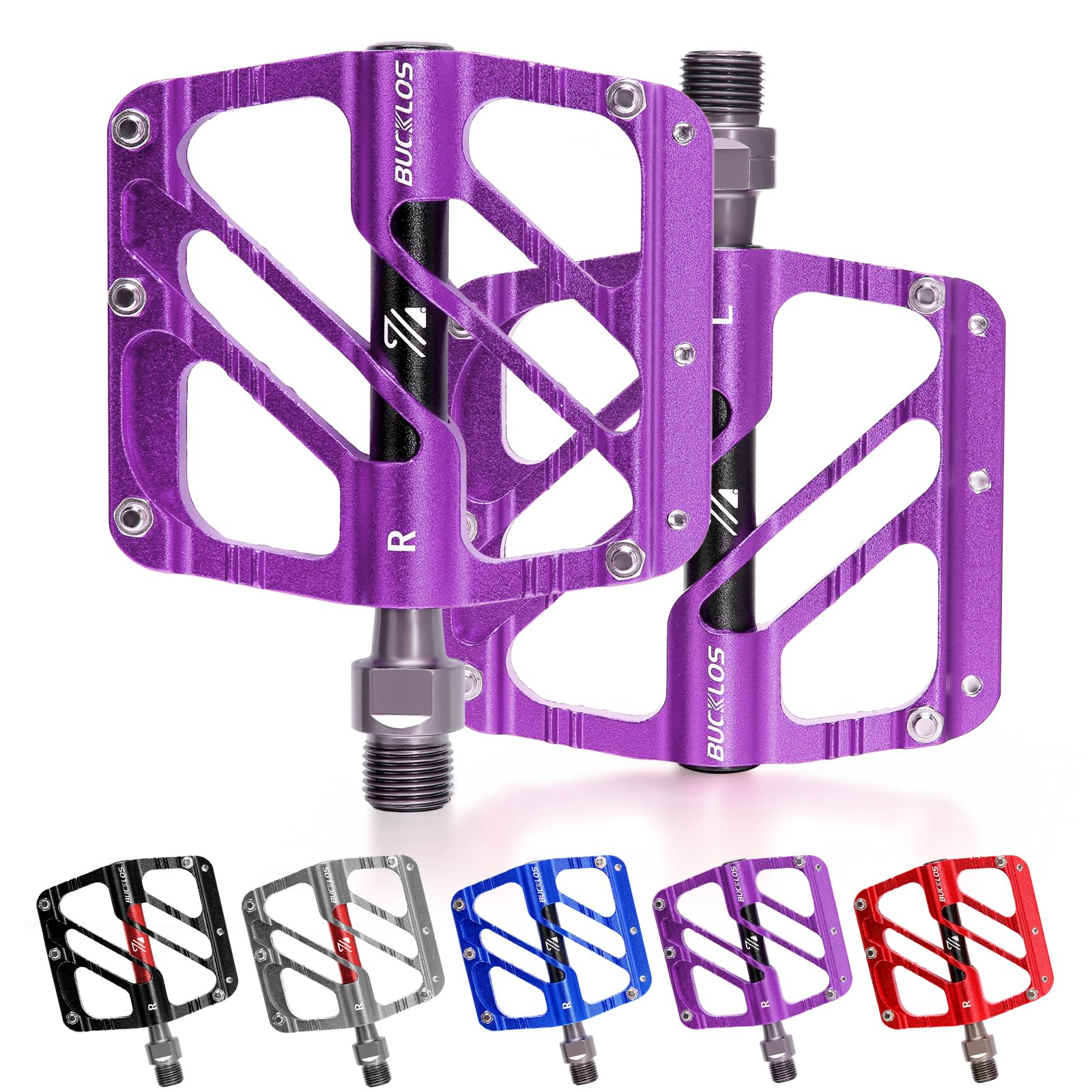 BUCKLOSMTB Flat Pedals Mountain Bike Pedals, 3 Bearings Adult Road Bike Bicycle Platform Pedals, CNC Aluminum Alloy Non-Slip Pedal for Gravel Bike/BMX 9/16"(Black)