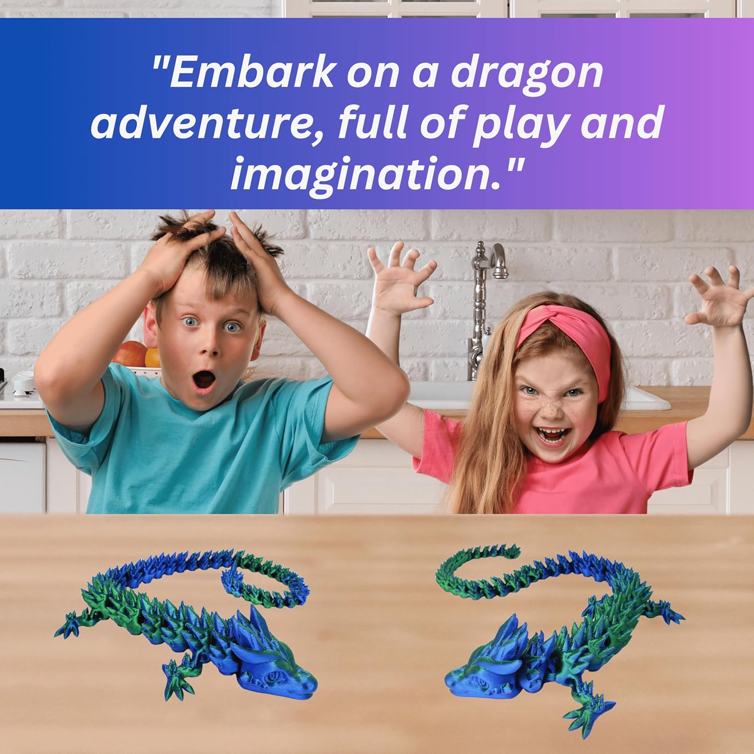 20" Articulated 3D Printed Dragon – Flexible Fidget Toy for Kids & Teens, Mythical Figurine (Blue/Green)