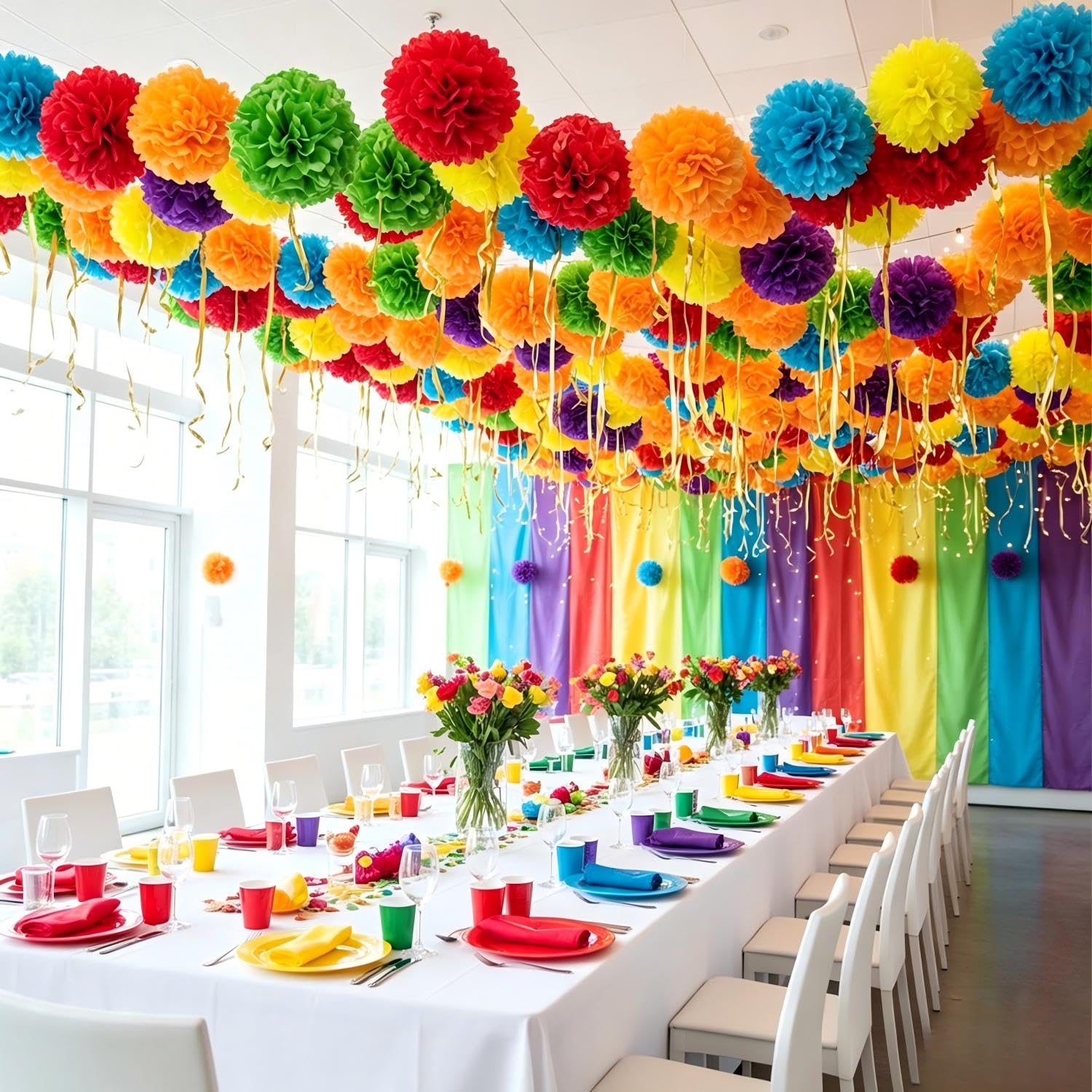Mehrfarbige Papier-Pompons, Regenbogen-Pompons, hängende Dekorationen, Regenbogen-Party-Dekorationen (12 Stück)