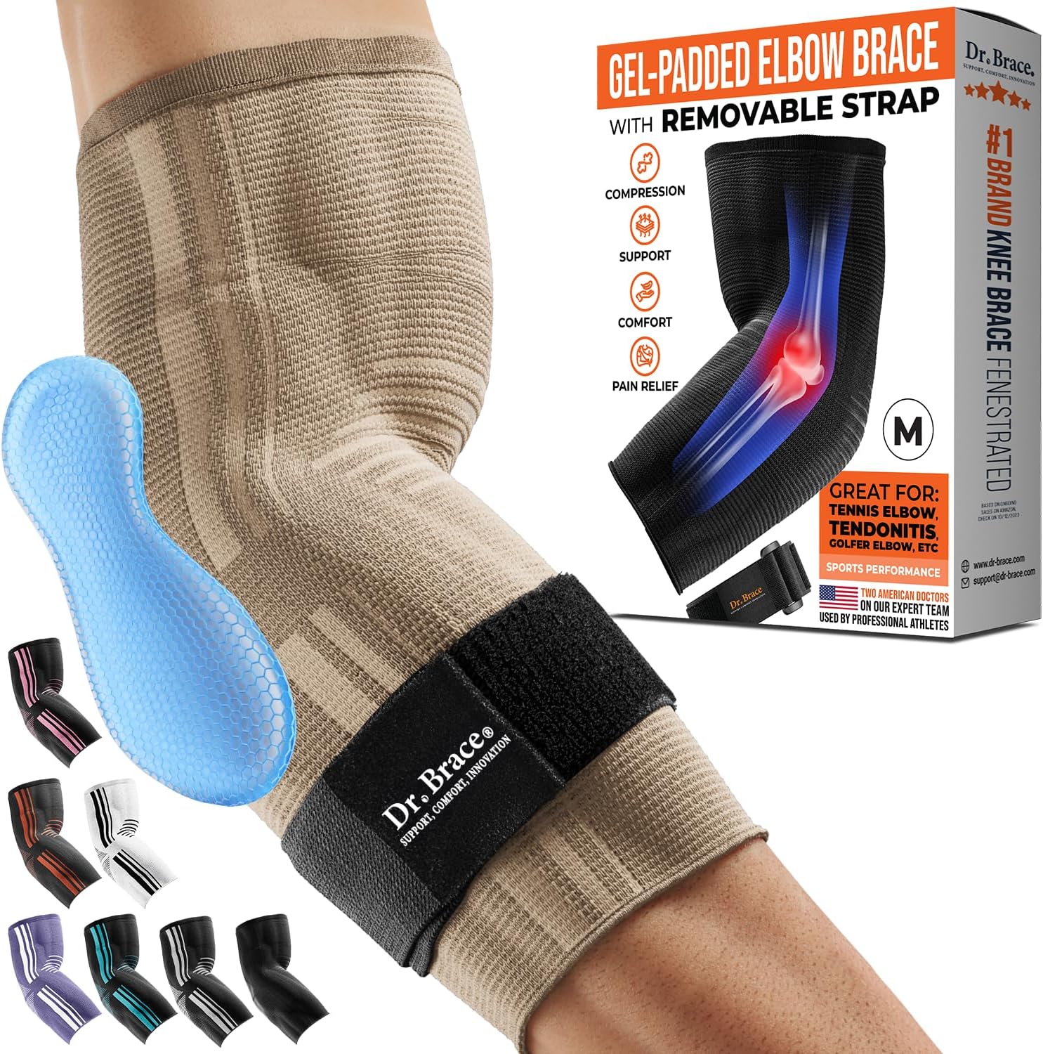 DR. BRACE® Elite Elbow Brace Support, Breathable Elbow Compression Sleeve with Gel Pad for Golfer's, Tennis Elbow & Tendonitis Treatment & Pain Relief 2024 (Nude (Beige), Medium)