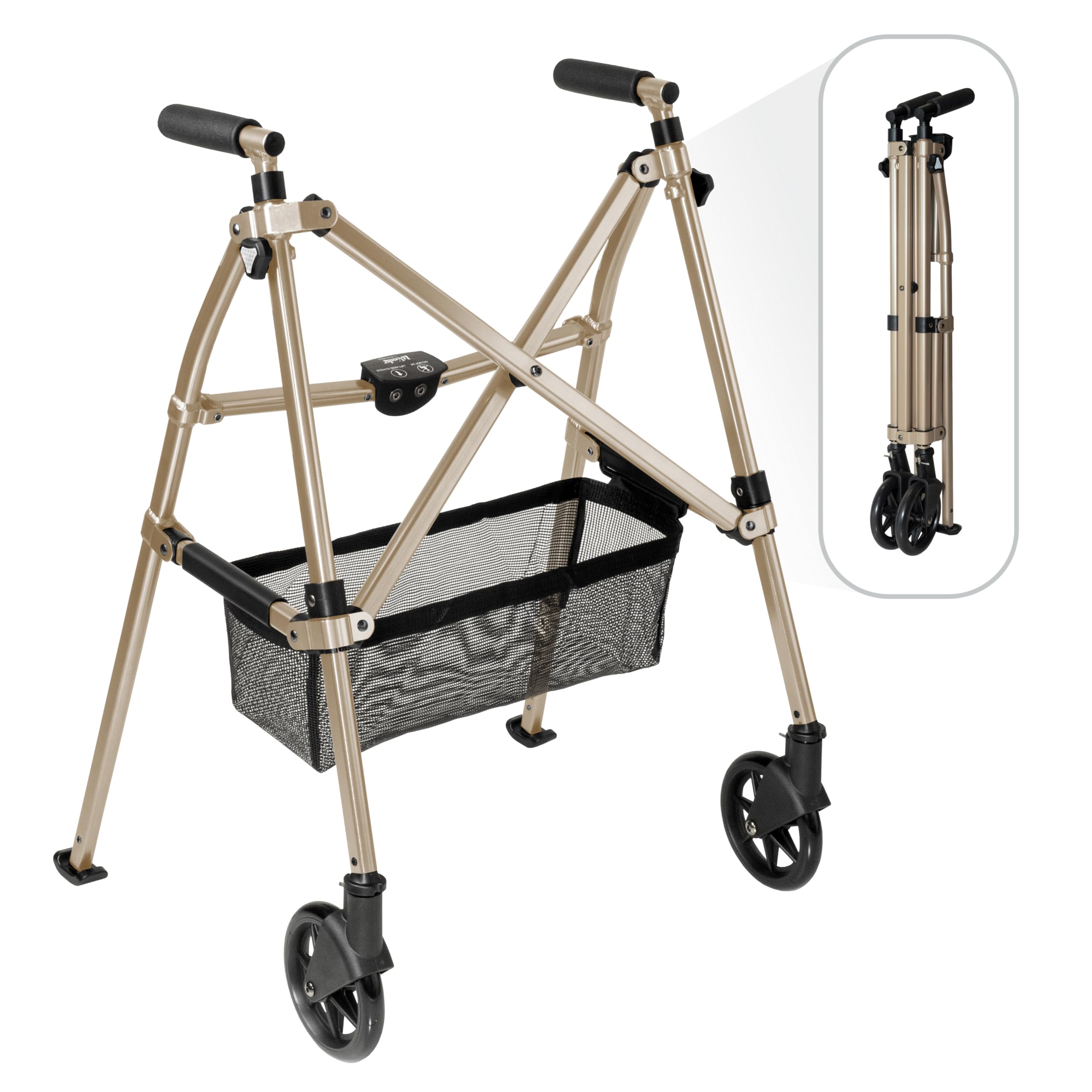 Stander Wonder Walker Plus, Lightweight Folding Mobility Aid for Adults, Seniors, and Elderly, Collapsible Travel EZ Fold-N-Go with Wheels, Glides, & Basket, Desert Sand
