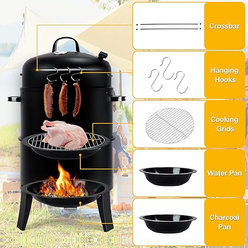 Miniatura 7 de TCFUNDY Parrilla vertical para ahumar carbón de 32 pulgadas, parrilla de barbacoa resistente con termómetro integrado, parrilla 3 en 1 y ahumador,