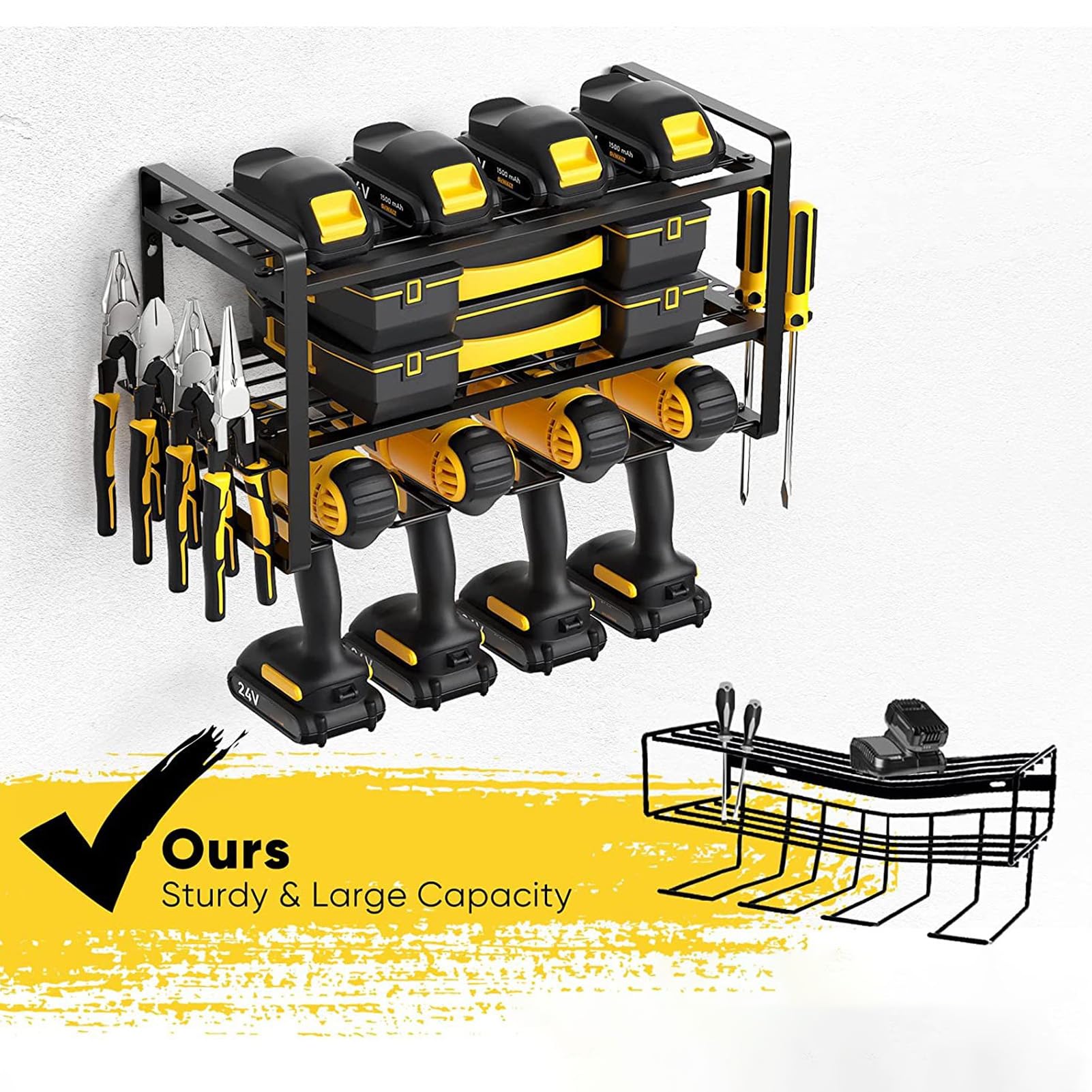 Yosoo Health Gear Organizador de Taladros, Soporte de Pared para Taladro de Hierro, Estante para Herramientas con Soporte de Carga de 150 Lb con Estante y Soportes Laterales, 16,54 X 7,87 X 8,66
