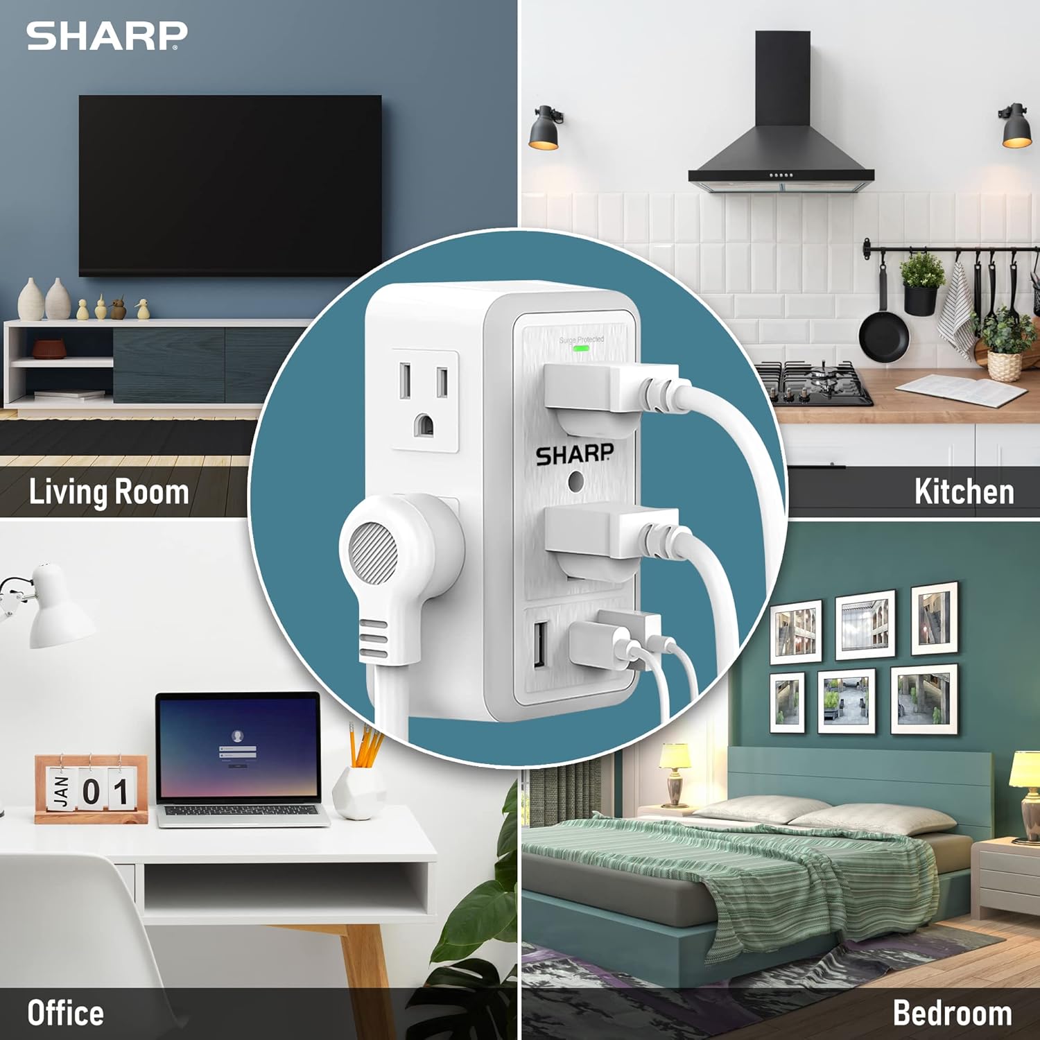 Sharp Wall Charger, Surge Protector, Outlet Extender With 6 Wide Spaced Outlets, Fast Charge, 2 USB-A and 1 Type-C, Smart AutoSense Nightlight, White