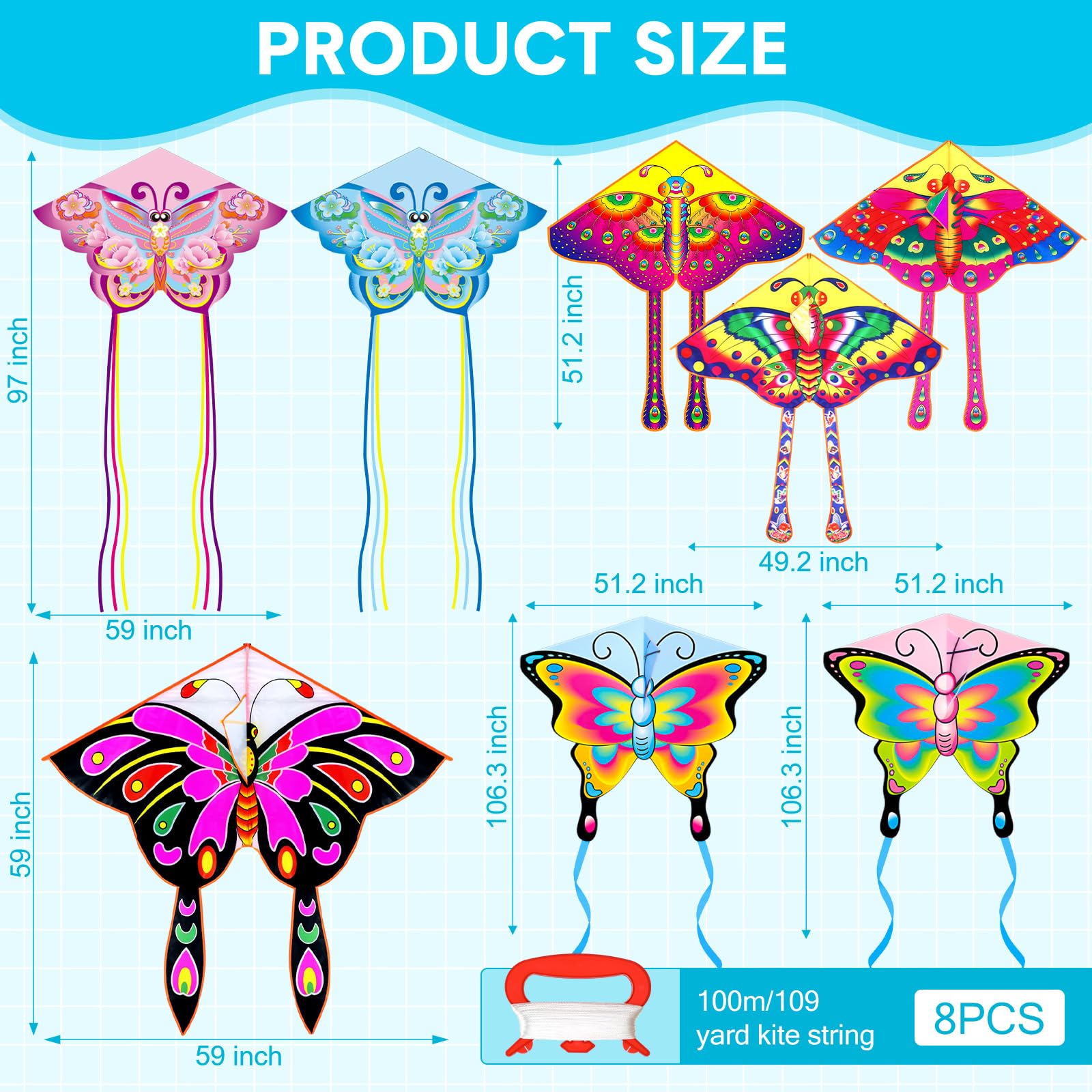 Foilswirl 8 Pack Butterfly Kites for Kids Easy to Fly Colorful Beach Kites for Children Adults with 8 Pcs 109 Yard String Spool Nylon for Spring Outdoor Game Activities - Image 3