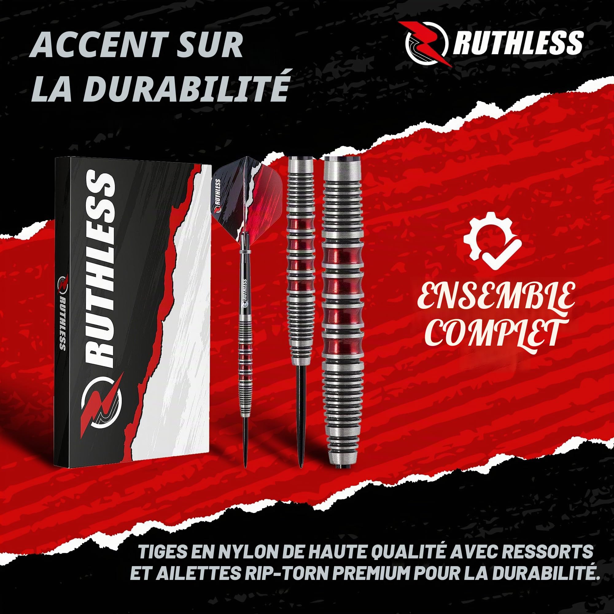 RUTHLESS Red Falcon Jeu de fléchettes professionnelles en tungstène avec ailettes et tiges 22 g et 24 g