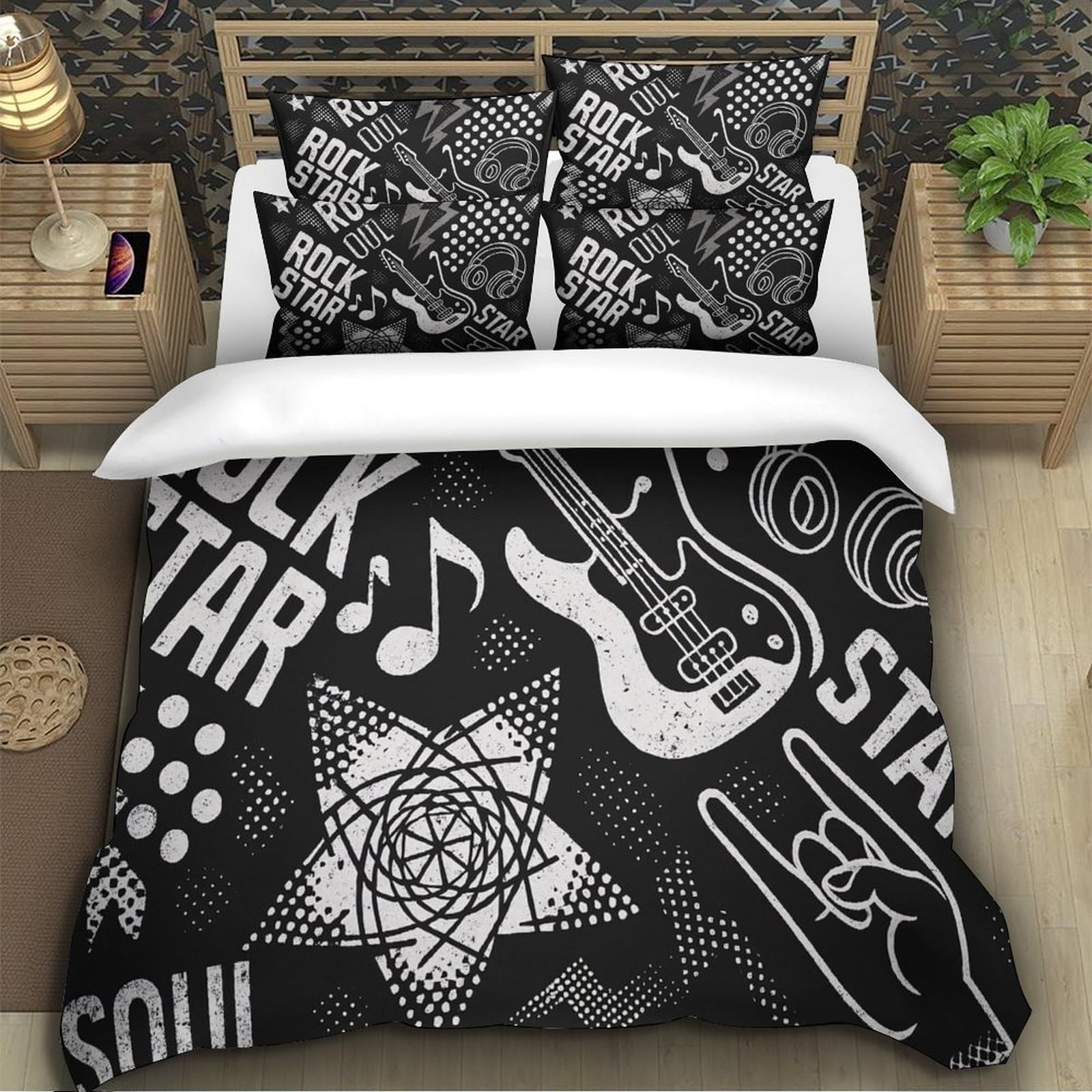 Set Copripiumino Microfibra Stampa 3D Tema Musica Rock Biancheria da Letto Decorazione Camera Morbido Traspirante per Casa Super king（260x220cm）
