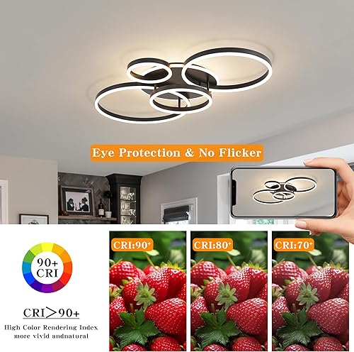 Miniatura 8 de O'NEELDY Lámpara de techo moderna de montaje empotrado, lámpara LED negra para montaje en techo, 4 anillos, lámpara de araña LED con control remoto