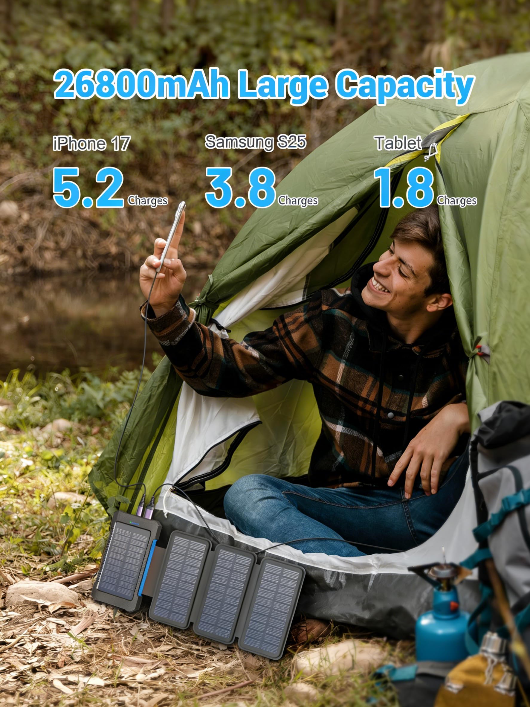Chargeur Solaire 26800 mAh avec 4 Panneaux Solaires, Batterie Externe Solaire étanche avec Charge Rapide USB-C 18W pour Téléphones Portables, Tablettes, Ordinateurs. (Bleu)