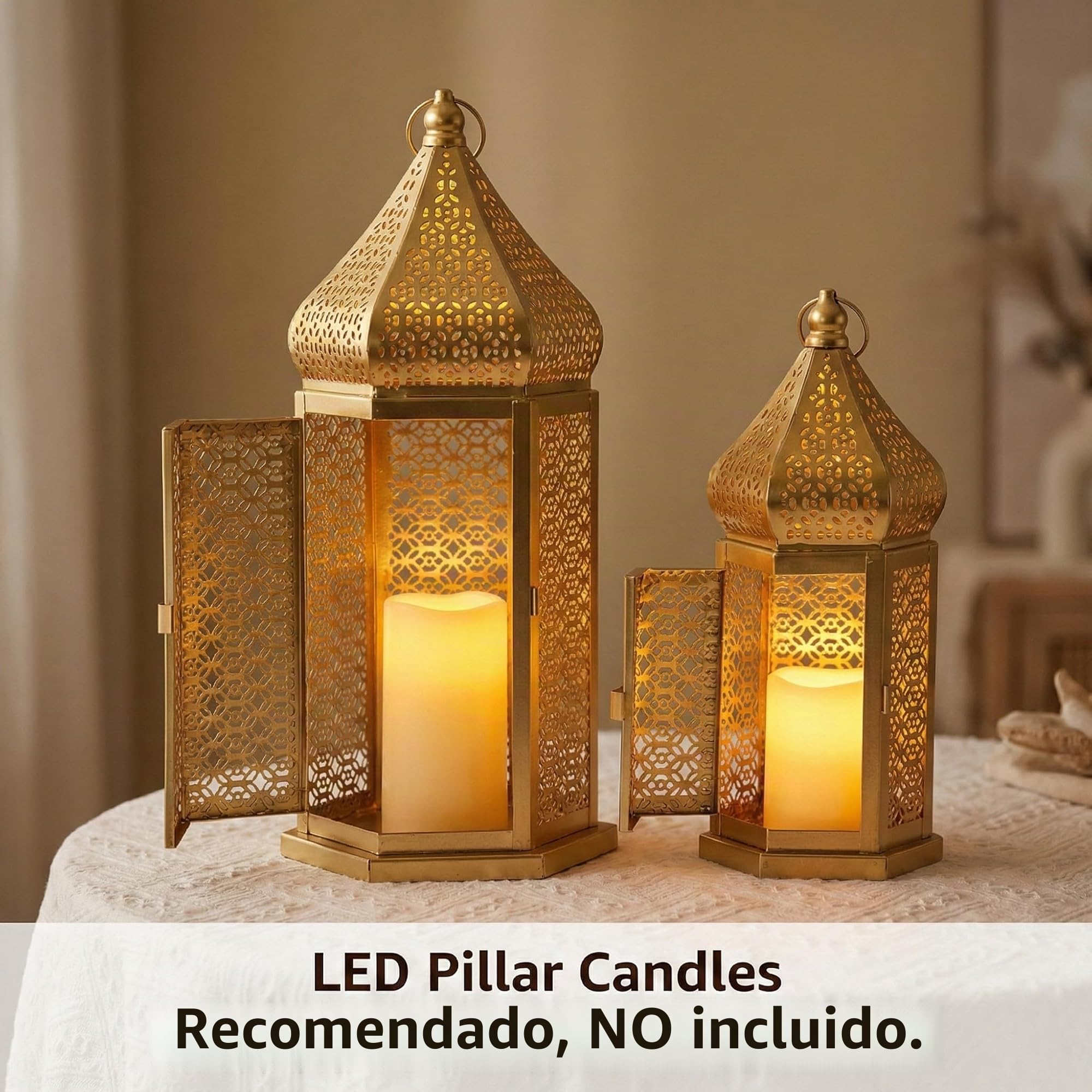 Vela Lanterns Temple Tower - Portavelas decorativo grande marroquí para Ramadán, patio, decoración del hogar, bodas, dorado, juego de 2 faroles | Decoraciones de Ramadán para el hogar, portavelas islámico Eid para centros de mesa o colgar, 11 y 15.25 pulg
