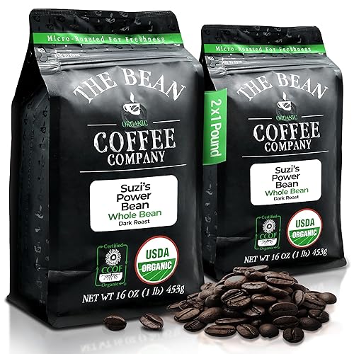The Bean Organic Coffee Company Suzi's Power Bean, tostado oscuro, café en grano entero, bolsas de 16 onzas (paquete de 2)