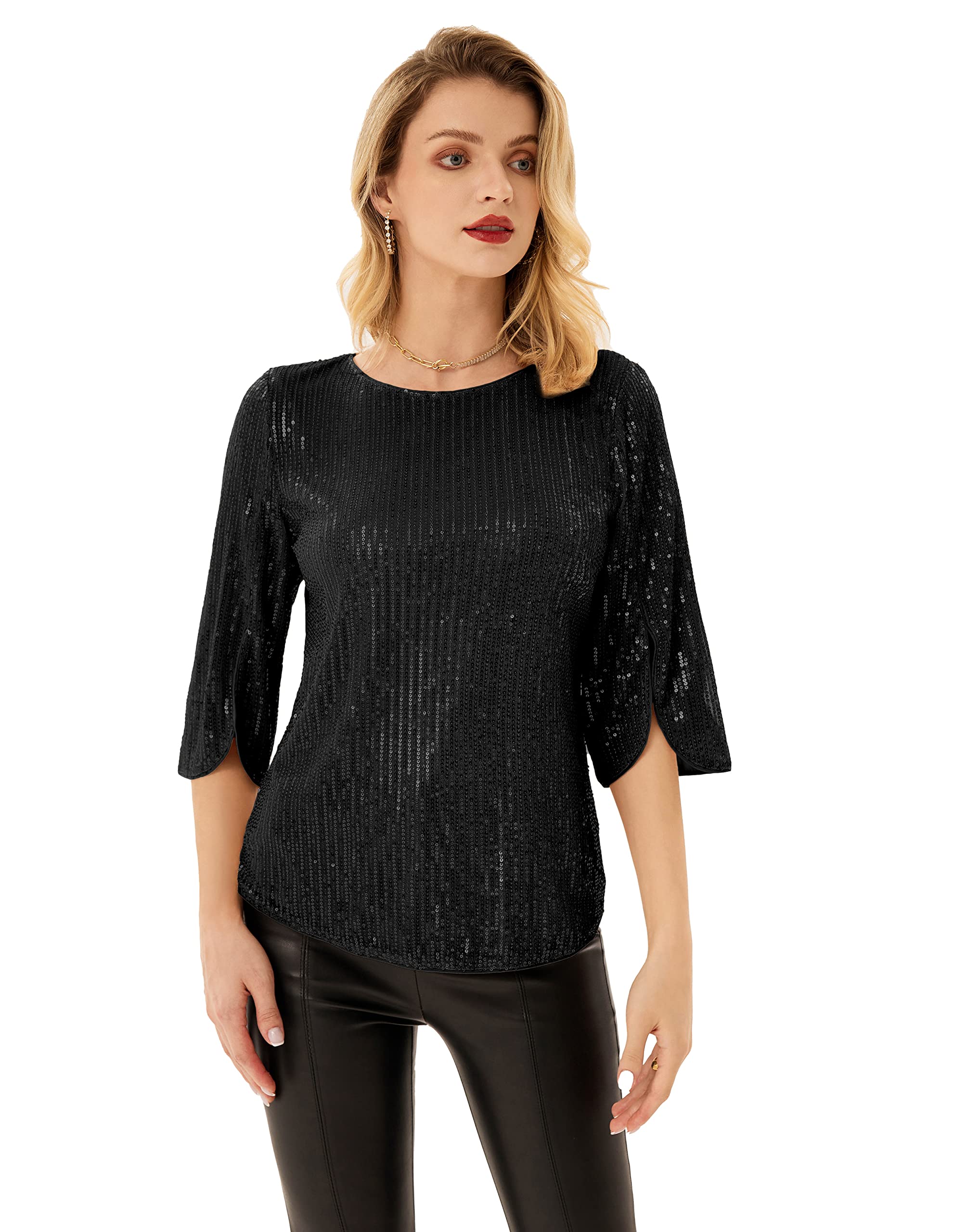 GRACE KARIN Camicia Donna Paillettes a Manica a 3/4 Top Elegante Girocollo Manicotto Split