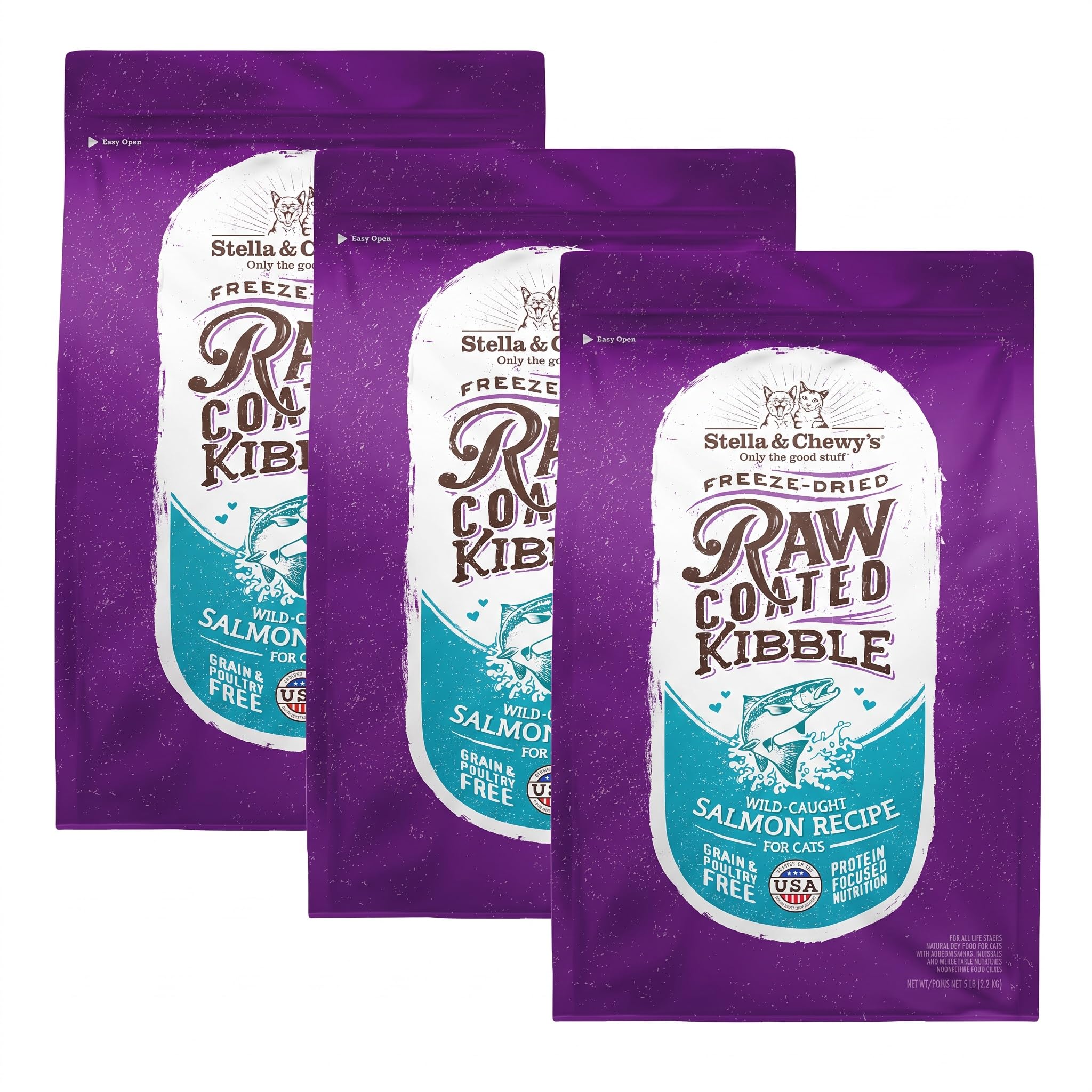 Stella &amp; Chewy's Raw Coated Cat Food - High Protein, Grain-Free Kibble with Wild-Caught Salmon - Premium Digestive Support with Probiotics - Natural Small Kibble - Perfect for Picky Eaters - 5 lb Bag