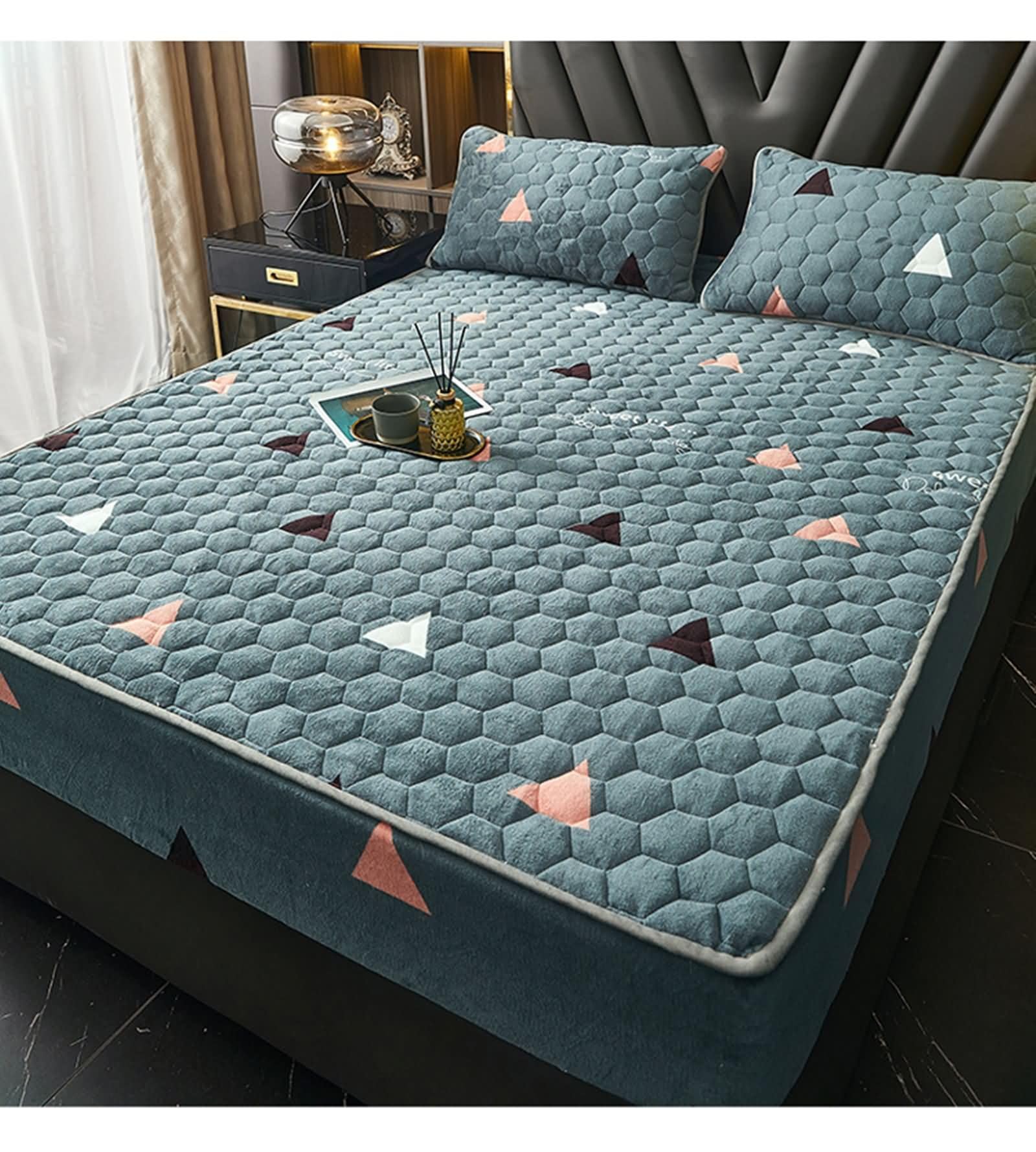 Daesar Completo Lenzuola Matrimoniali 180 x 200 cm, Lenzuolo Matrimoniale Velluto di Latte Motivo Triangolo con Strutturato Geometrica Lenzuola Morbido, Lavabile in Lavatrice, Cielo Blu