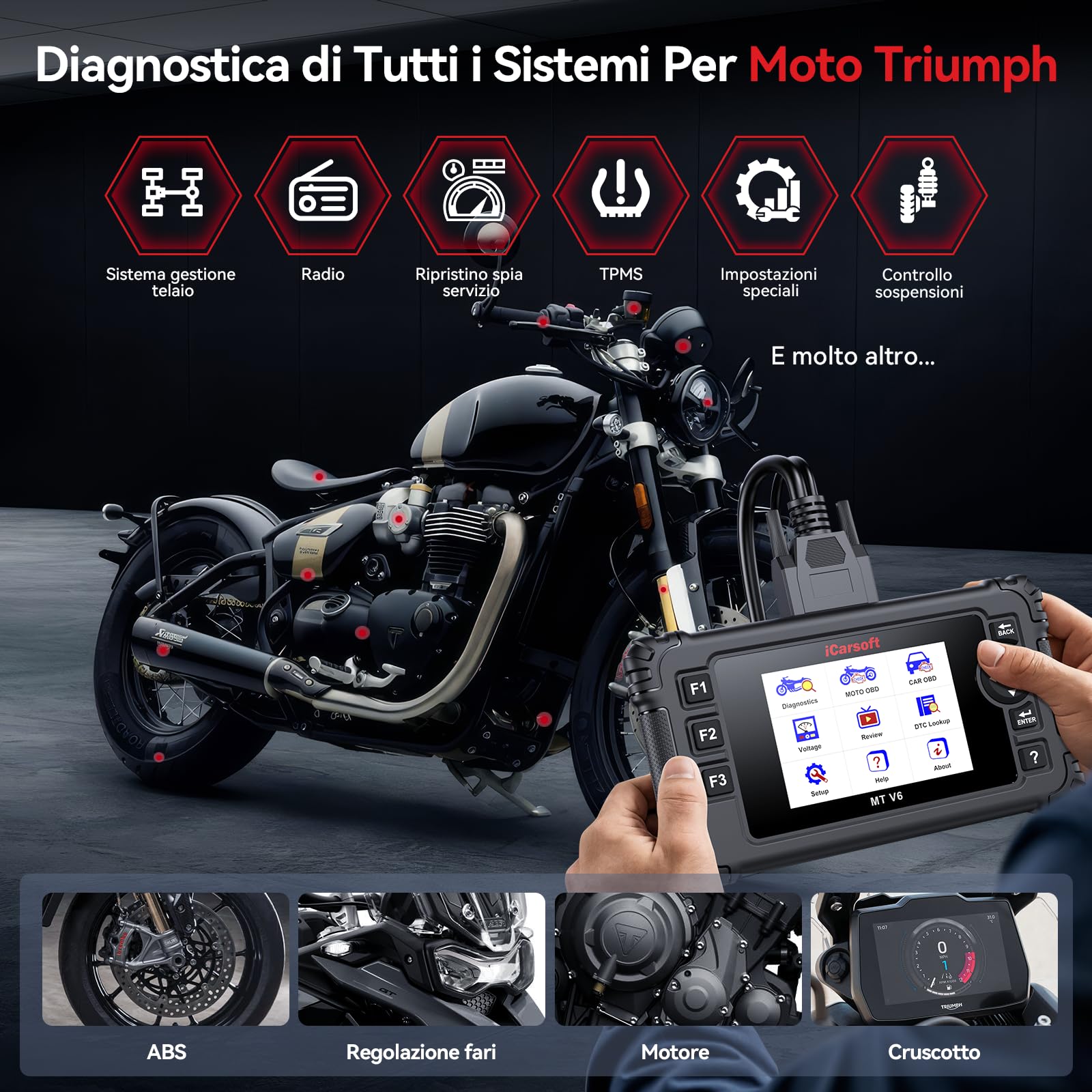 iCarsoft MT V6 - Scanner diagnostico per moto Triumph, lettore di codici OBD2, diagnostica completa del sistema, 58 servizi di manutenzione, 55 test bidirezionali, lettura/cancellazione dei codici di