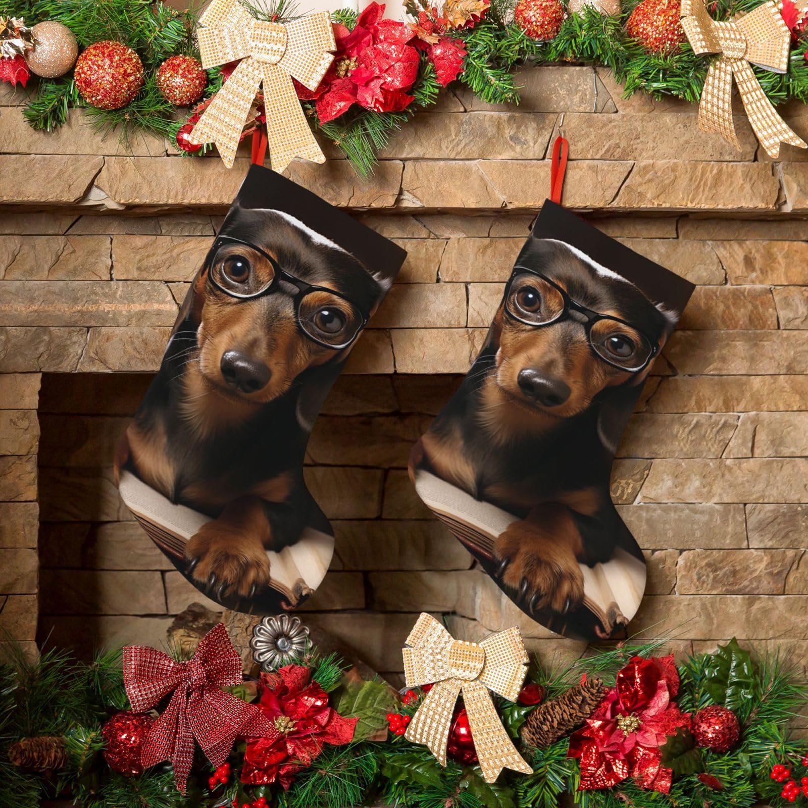 KLOPH Christmas Stockings 18" Personalized Xmas Stocking Dachshund Book Decoration Stocking Hanging Fireplace Stocking for Holiday Xmas Tree Christmas Fireplace Decor