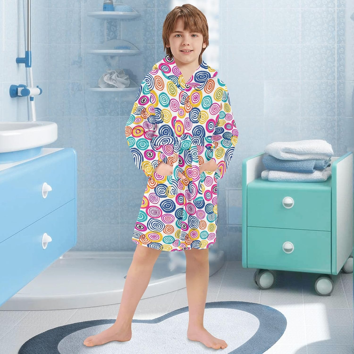 Swirly Circle Toddler Hooded Bathrobe for Boys Girls Soft Plush Bath Towel Robe 2-12 Years