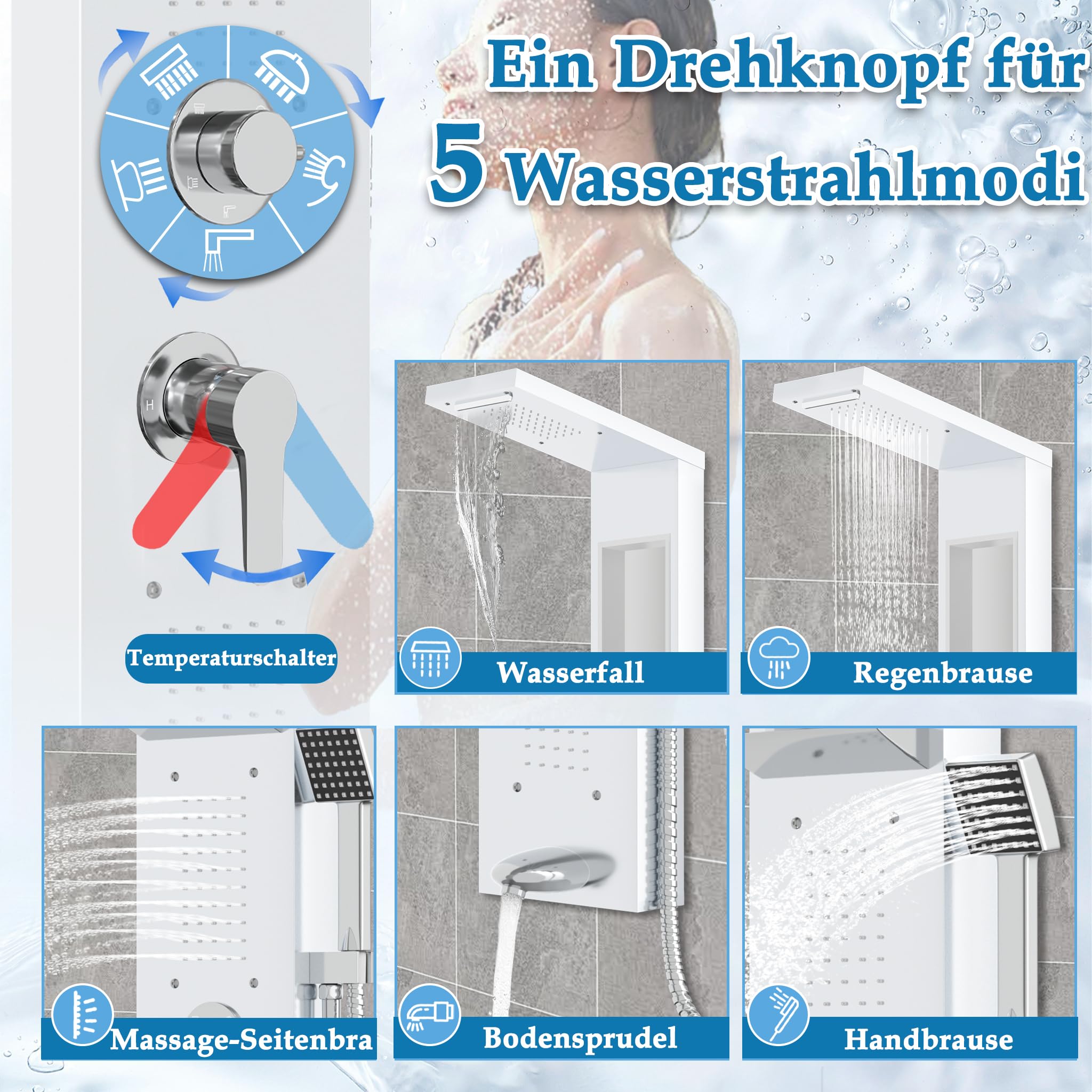 LZQ Pannello doccia in acciaio inox, sistema doccia a 5 funzioni, con doccia a pioggia, cascata, 2 getti massaggianti, doccetta e beccuccio, set doccia montato a parete (bianco)