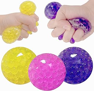 Sensory Stress Ball Set (3 Pack) Squishy Stress Balls for Kids and Adults, Squish Ball Fidget Squeeze Toys, Water Beads Stress Balls, Anxiety Relief Squeeze Ball Squishy Toys (Purple, Pink, Yellow)