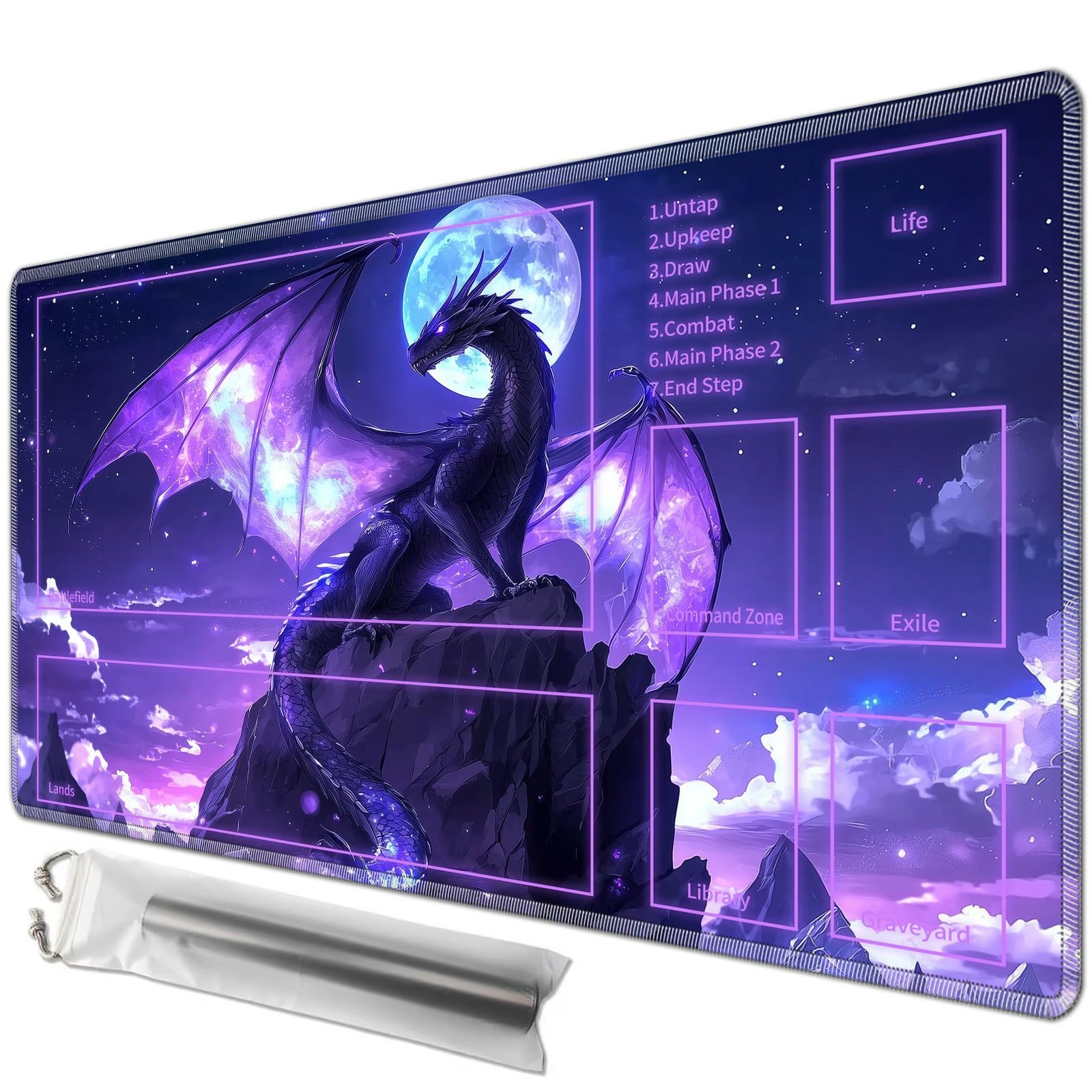 JANENFNA Playmat 24" x 14" with Magic Zones for MTG Card Game Playing, Board Game Mat for Card Breaking Commander Deck Gaming Card Game Battles Mat with Storage Bags, Purple Moon Dragon — image 1