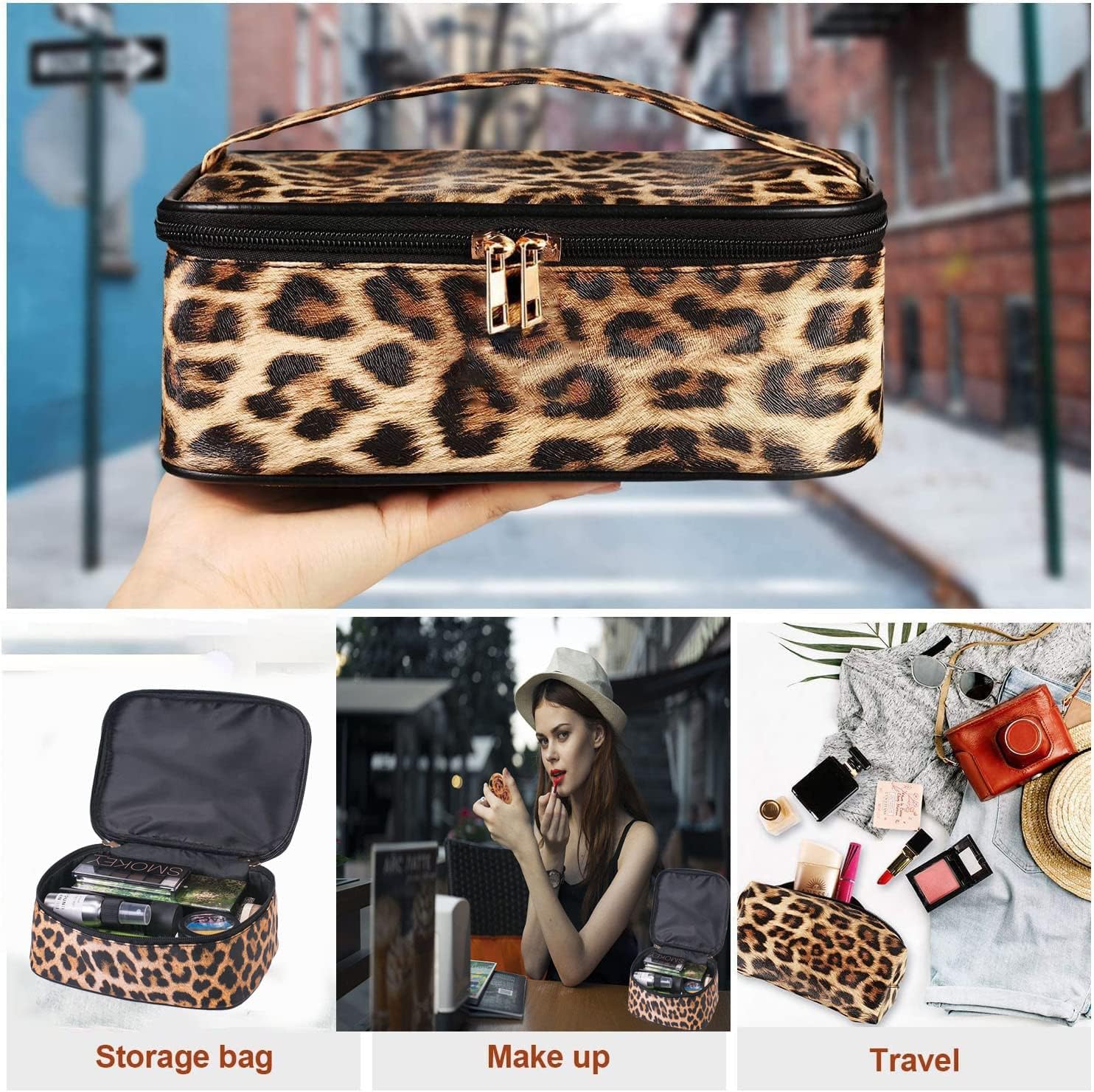 Leopard Print Makeup Bag Cheetah Toiletry Travel Cosmetic Bag Portable Makeup Pouch Brush Organizer Purse Handbag for Women