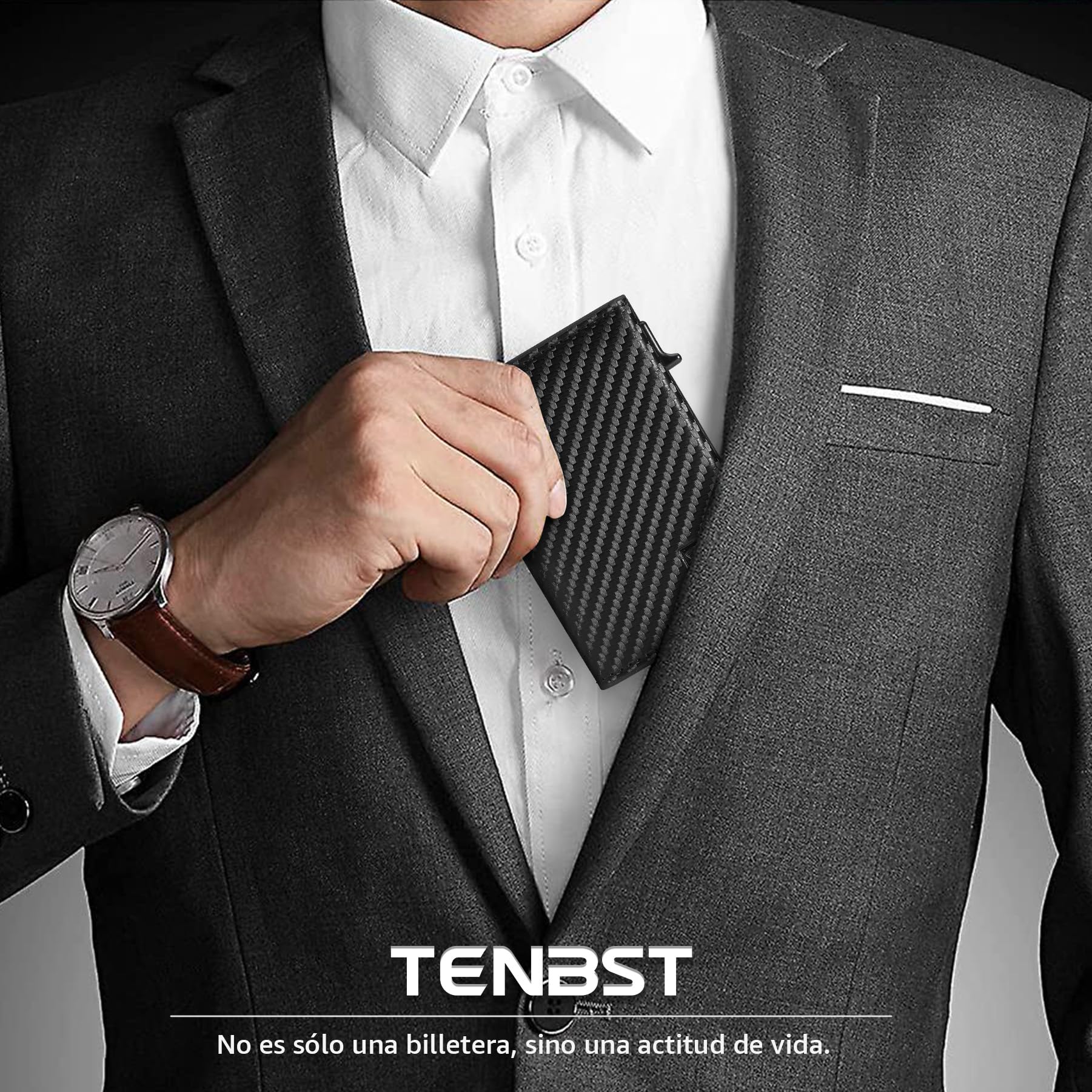 TENBST Tarjetero de Fibra de Carbono con Botones - Cartera Hombre Elegante y Funcional - Regalos Originales para el Día del Padre/Negro, HW00719