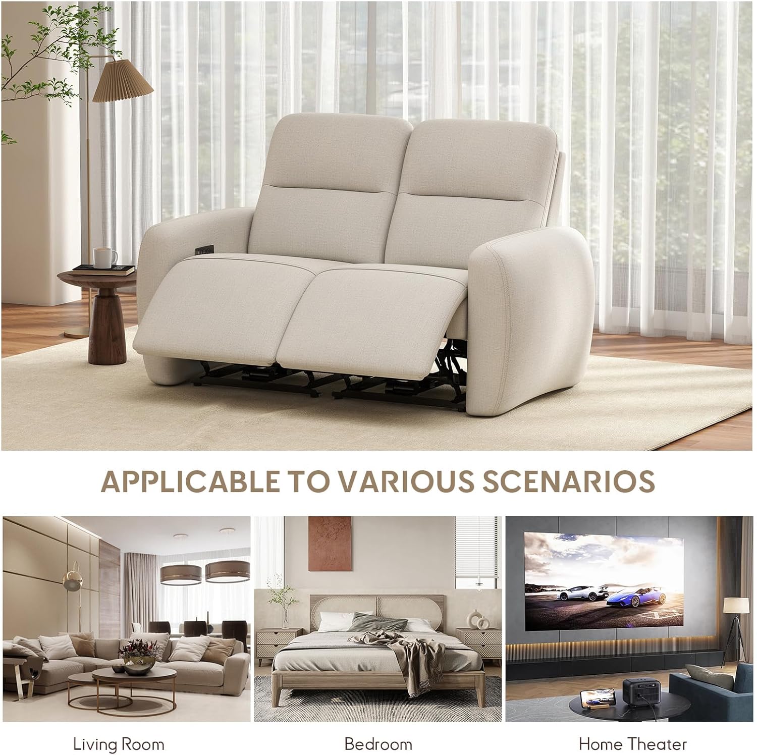 Bonzy Home Power Recliner Loveseat Sofa, Overstuffed Reclining Couch with USB and Type-c Charge Ports, Recliner Love Seat Couches for Living Room, Home Theater, RV (Beige, Fabric)