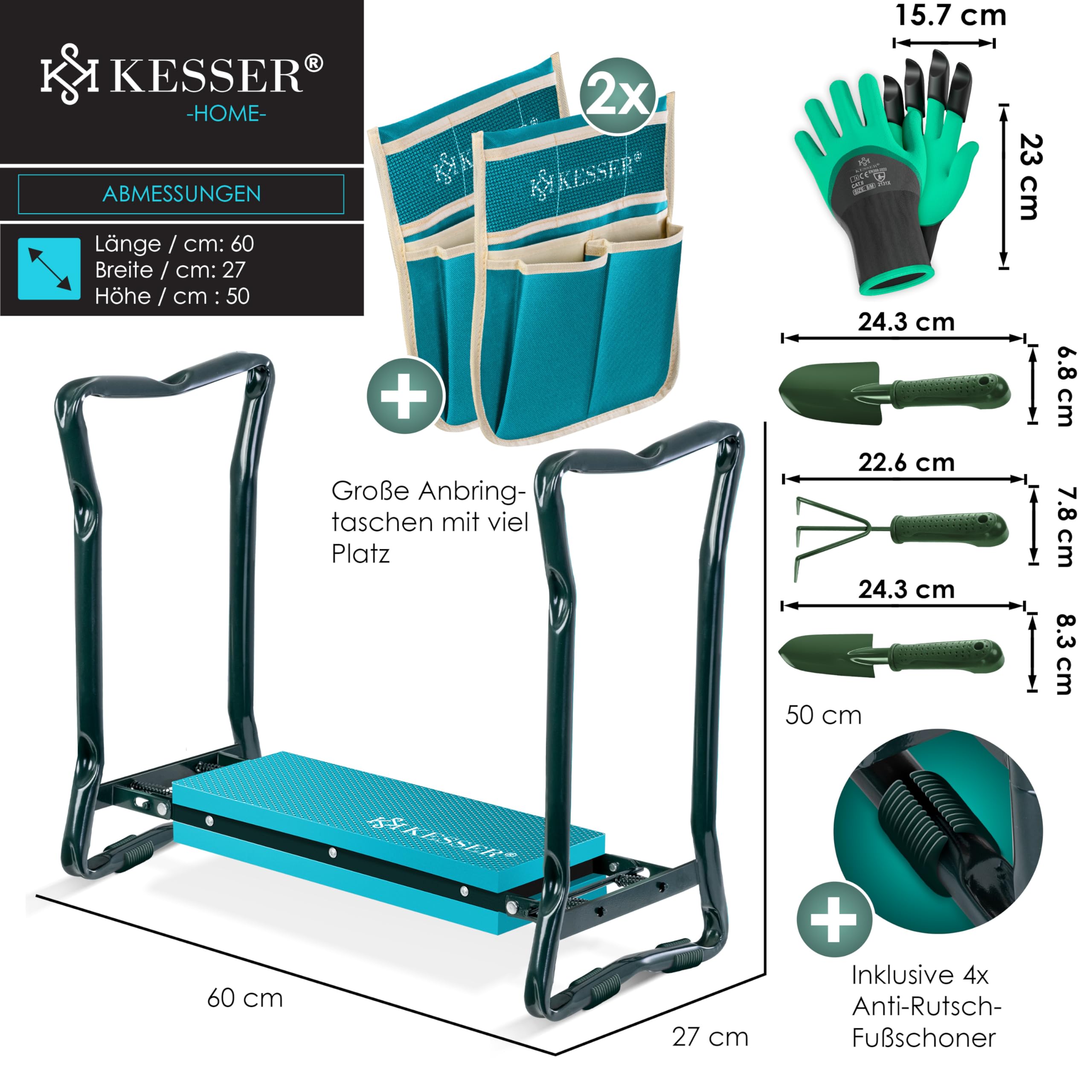 KESSER® 2 in 1 XXL Kniebank für Gartenarbeit Gepolstert Sitzunterlage Eva-Schaumkissen Gartenhocker Klappbar | 2X Werkzeugtasche Handschuhe Gartenkelle & Rechen | Gartenbank 60x50x27cm bis 150 kg