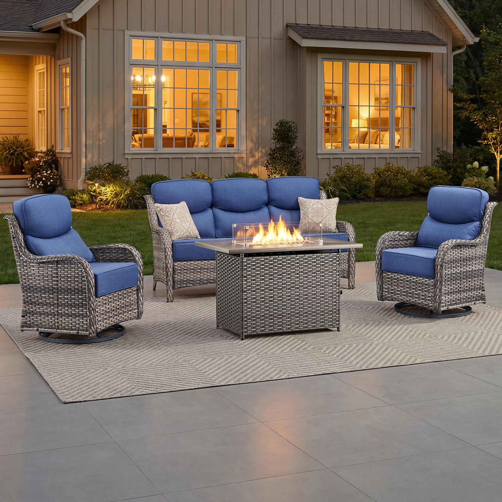 Luxury Patio Furniture Set with 6-inch Thick Cushion, Outdoor Furniture with Fire Pit Table, Swivel Chairs, Sofa, 4pcs Wicker Conversation Set for Deck Yard and Poolside Grey Wicker | Blue Cushion