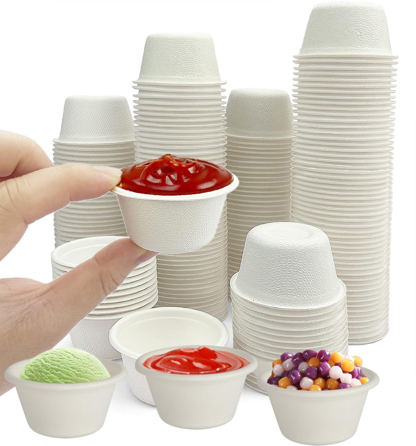 Biodegradable Bagasse Fiber Souffle Cups - 2oz, 100 Pack, Compostable Condiment & Tasting Cups for Friendly Dining Experience