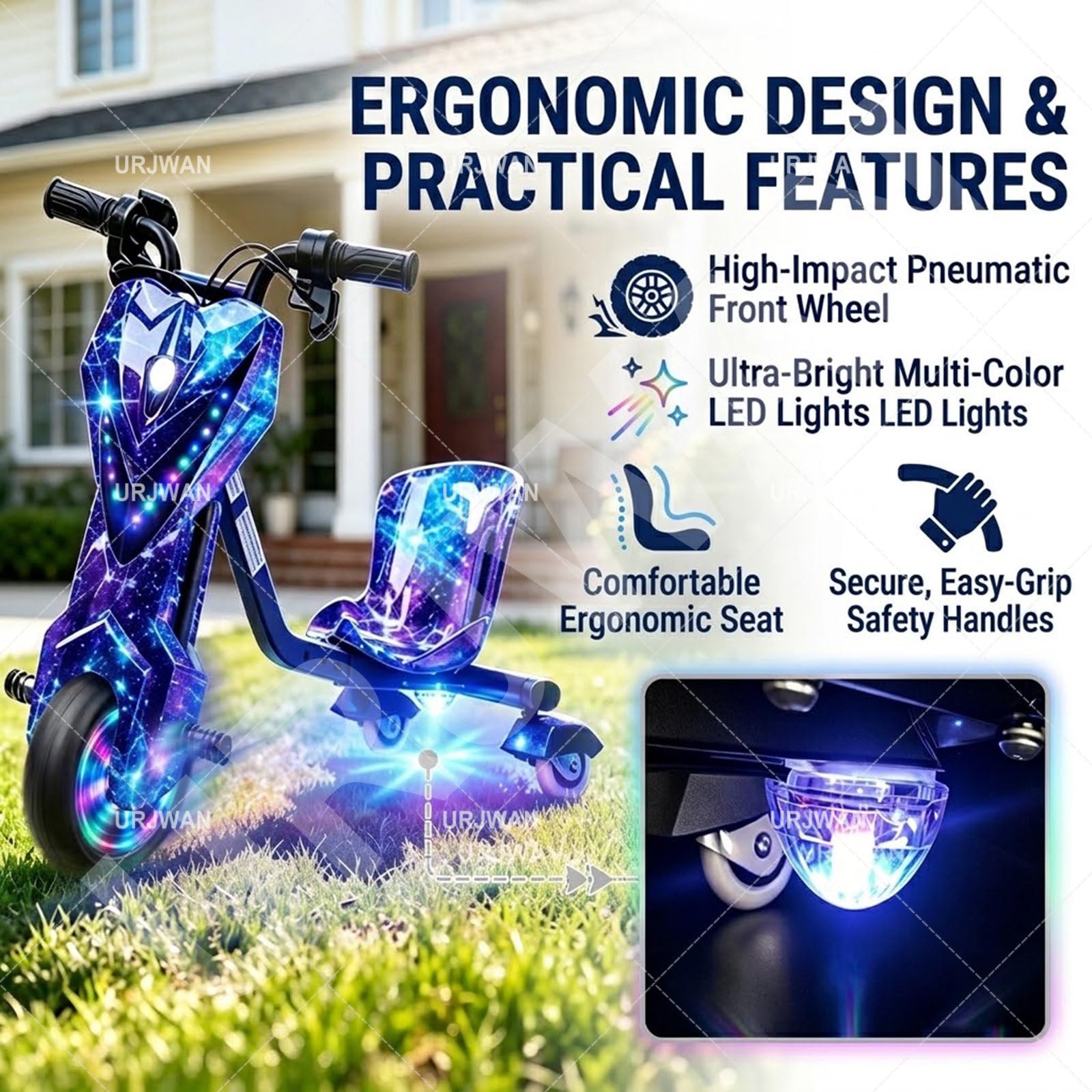 Triciclo Eléctrico para Niños de 5 a 8 Años, Realizar Derrapes y Giros de 360°, Carro Electrico Niño Montable, Juguete Scooter Eléctrico para Niños con Luces de Colores 6-Inch-C