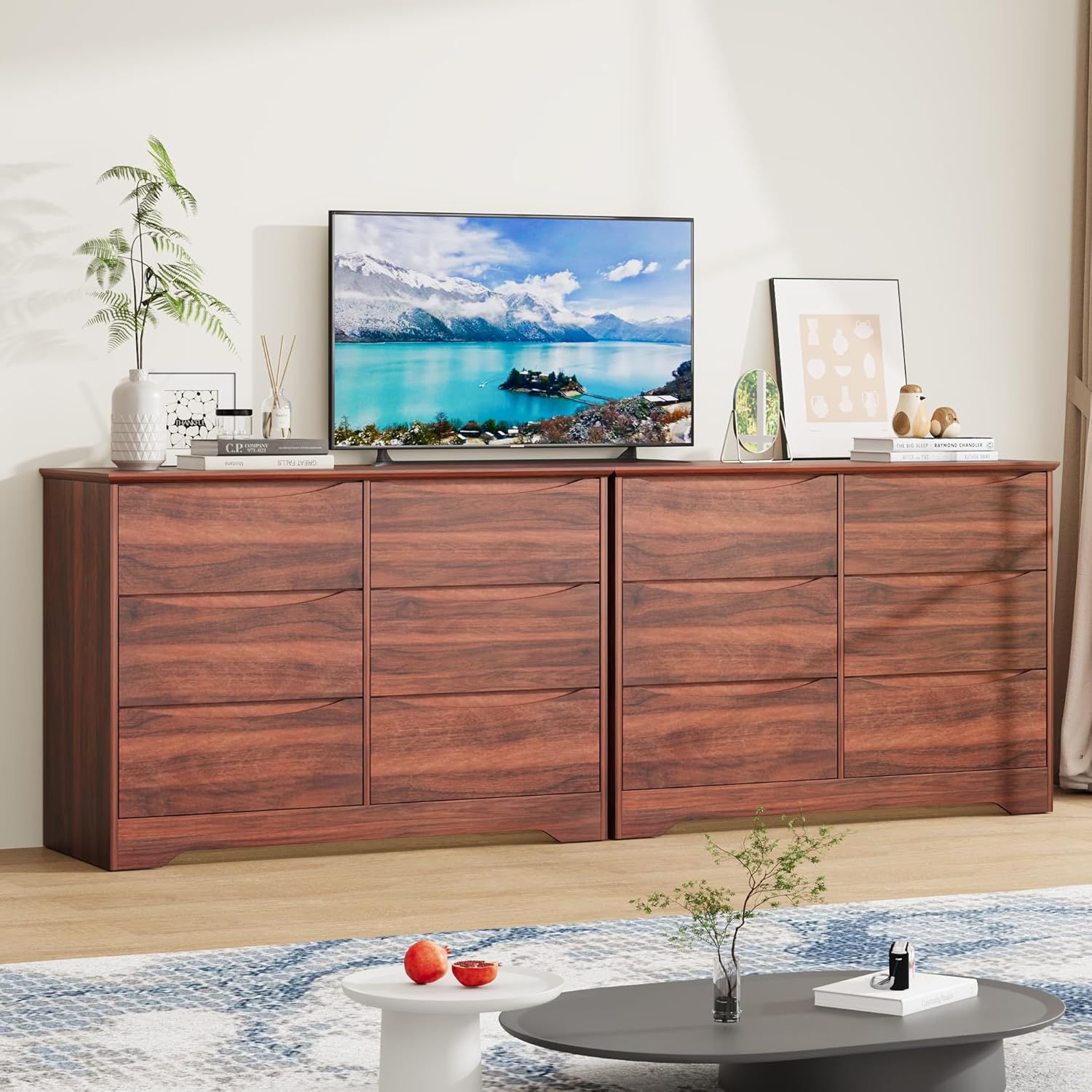 GarveeHome Wooden Dresser with 6 Drawers, Tall Modern Closet with Deep Storage, Large Chest of Drawers with Wide Top, Long Storage Dresser for Bedroom, Living Room, Hallway, Kids Room, Red Walnut