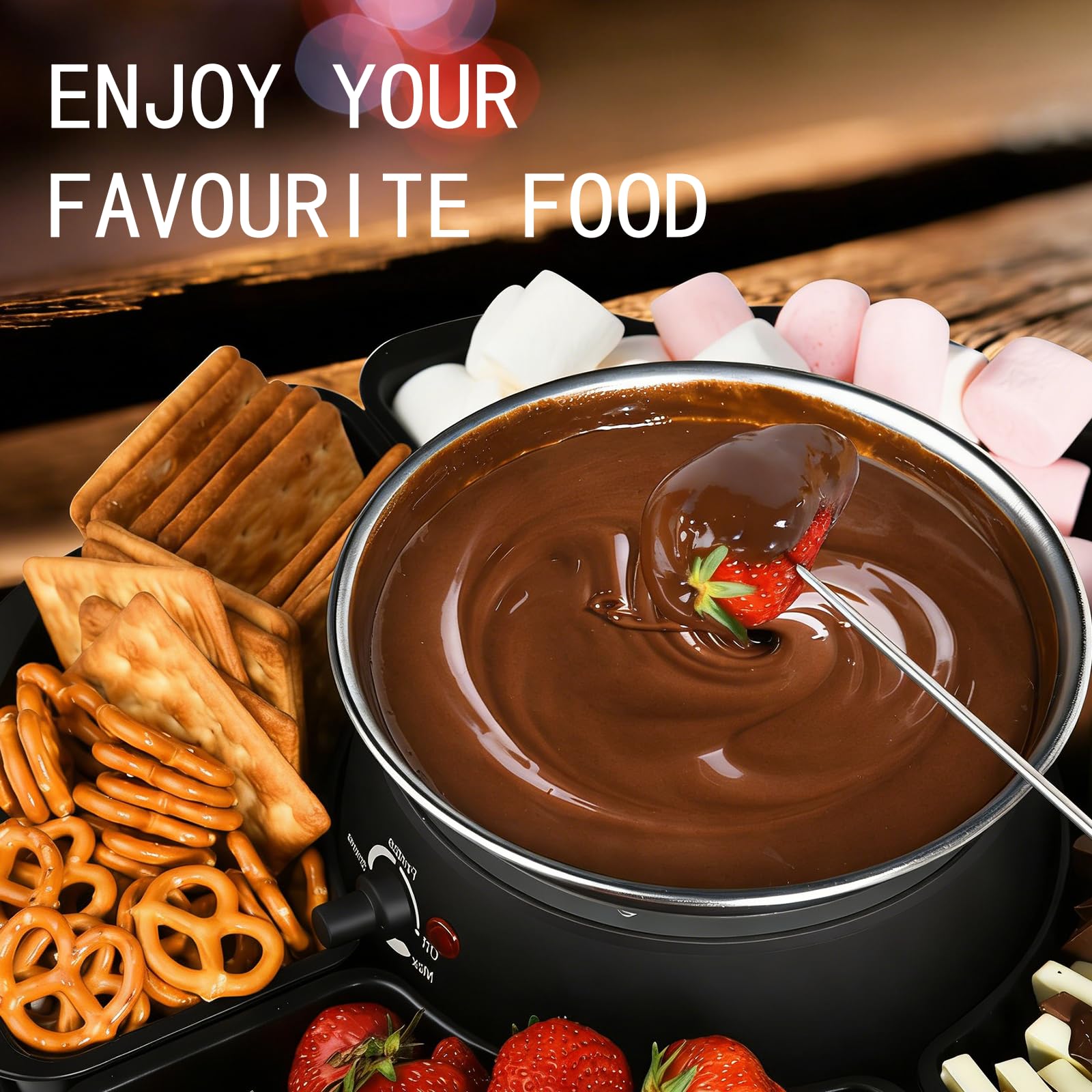 Schokoladenfondue, 2-in-1 Schokofondue Elektrisch & S’mores-Maker, Tischgerät für Innen mit 4 Röster-Gabeln, 4 Abnehmbaren Tabletts & Flammloser Temperaturgeregelter Heizgerät, Familie & Geschenk
