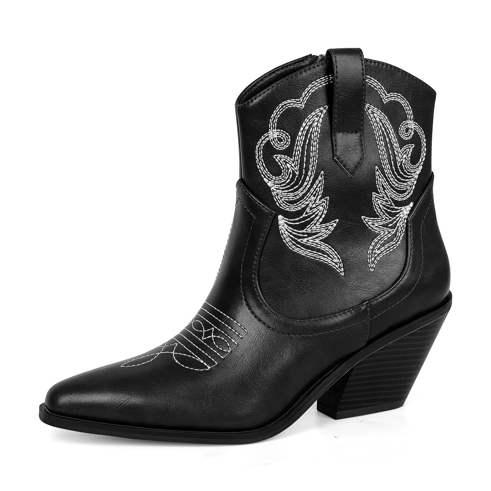 PIZZ ANNU Women's Embroidered Western Cowboy Boots Cowgirl Round Toe Short Ankle Boots Ladies Fashion Retro Classic Booties Chunky Heels