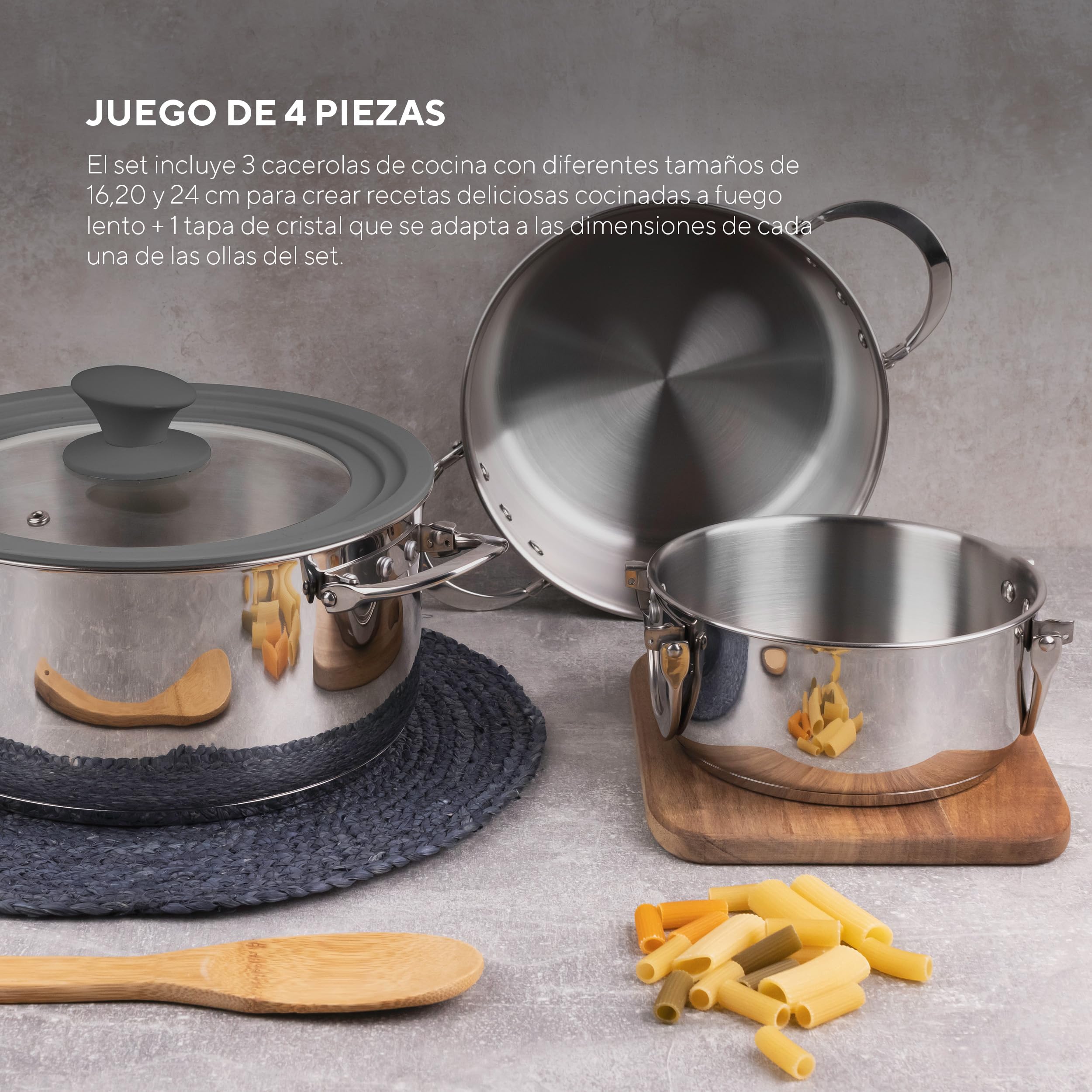 MasterPRO Foodies - Batería de Cocina - Set de 4 Piezas Con Cacerolas de 16, 20 y 24 cm y Tapa de Cristal - Fabricadas en Acero Inoxidable - Compatibles con Todo Tipo de Cocinas