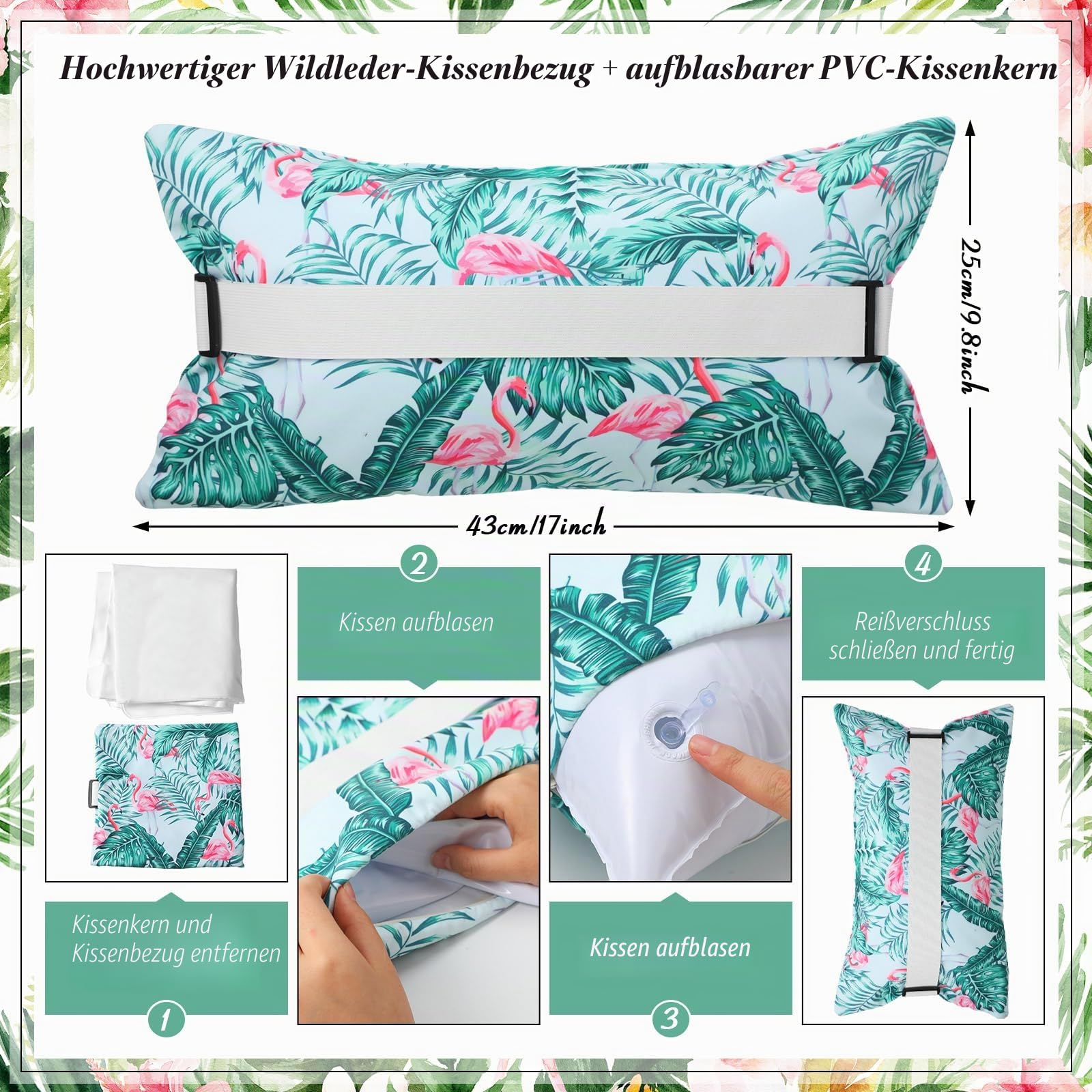 Menkxi Aufblasbares Strandkissen mit abnehmbarem Bezug, Outdoor-Pool-Kissen, Strandkorb-Kissen für Sand, aufblasbares Camping-Kissen für Reisen, Urlaub, tropischer Flamingo