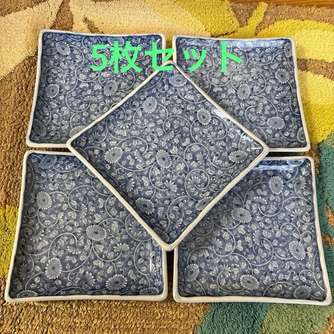 三洋陶器 龍峰窯 染付唐草 大皿 角皿 足付き 和食器 5